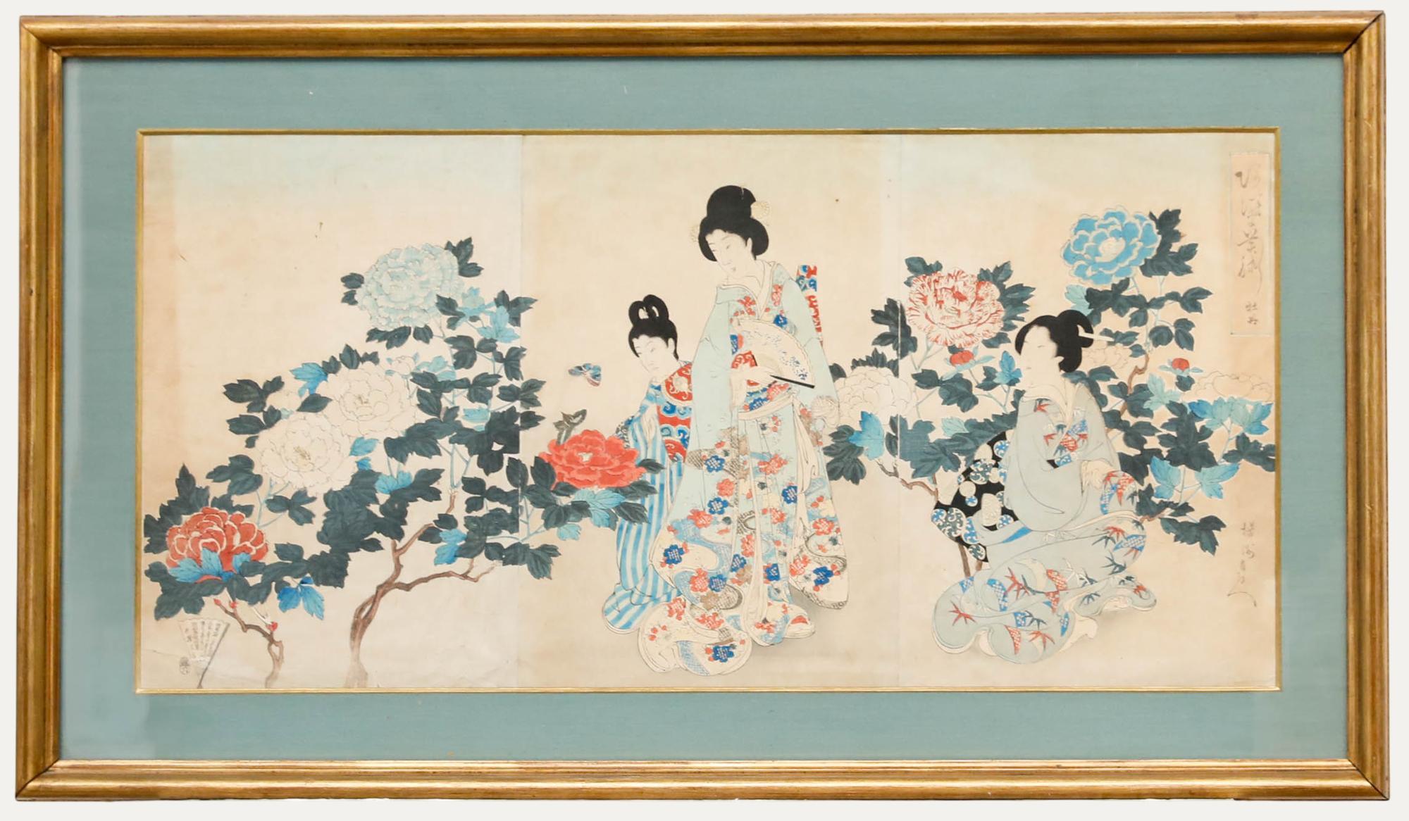 Figurative Print CHIKANOBU, Yoshu - Yoshu Chikanobu (1838-1912) - Gravure sur bois japonaise, triptyque Parmi les fleurs