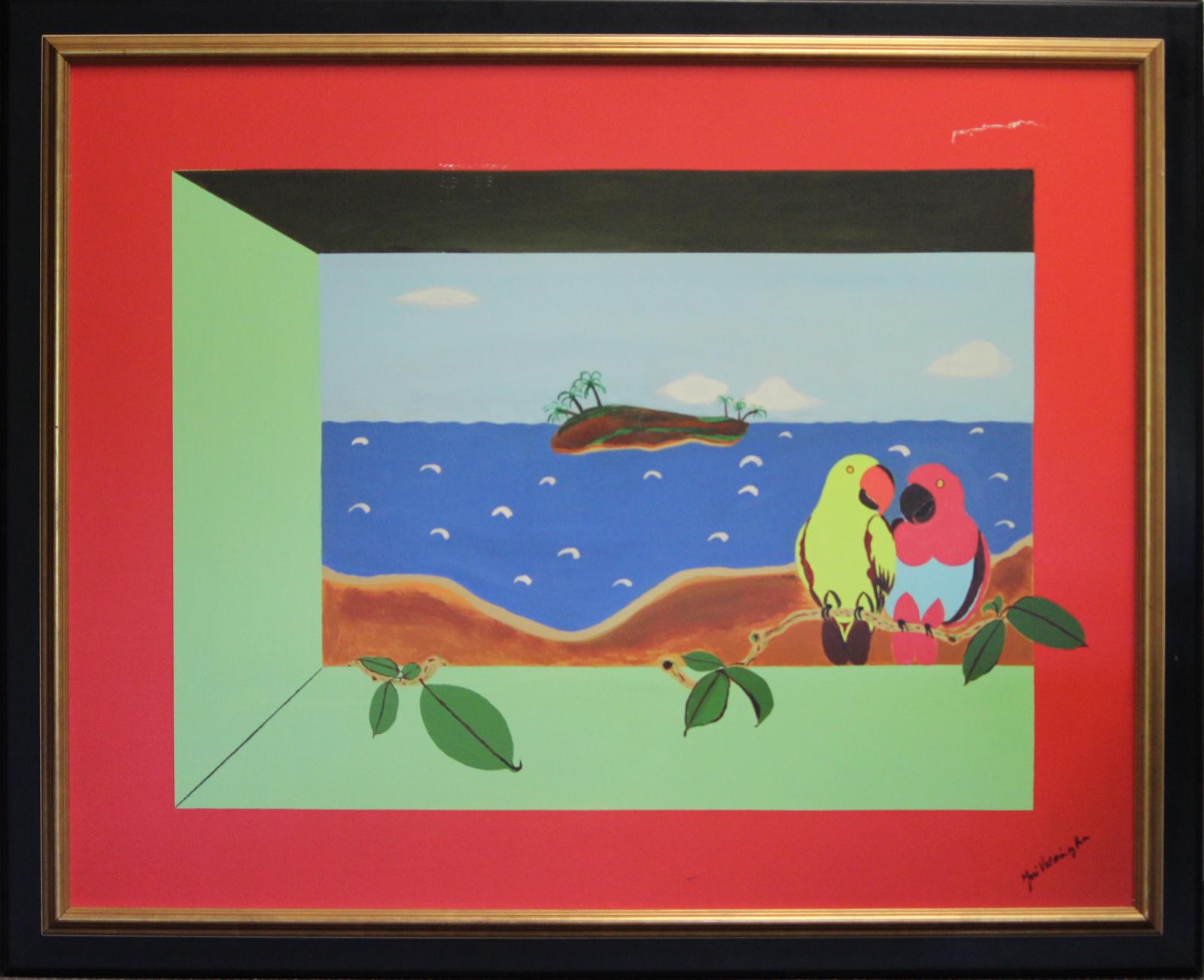Zwei Papageien auf tropischer Insel 2004 Giclee – Painting von Yosi Valdiorian Roa