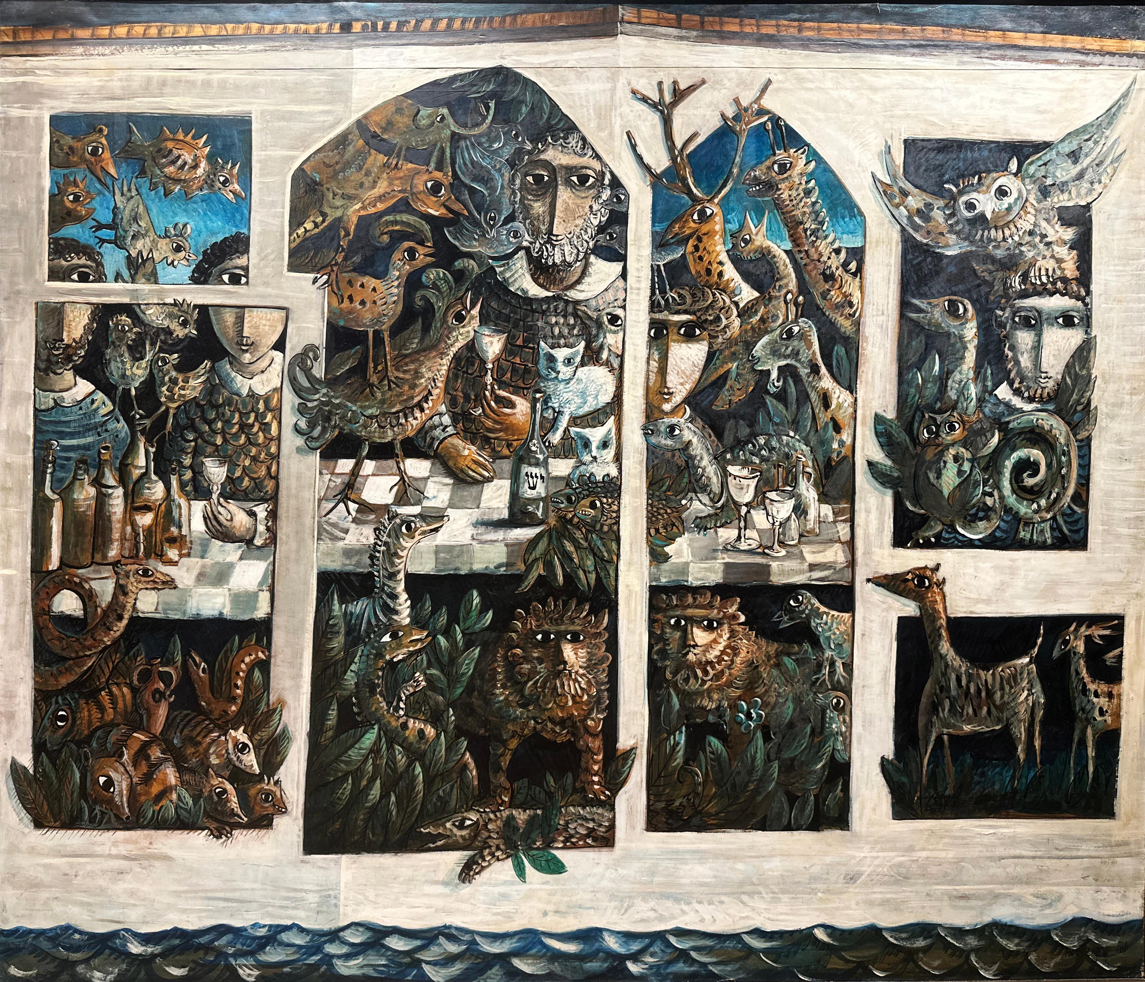 Questa opera ipnotica e ricca di dettagli dell'acclamato artista israeliano Yosl Bergner offre un'interpretazione unica e onirica dell'Arca di Noè. La composizione è suddivisa in cornici ad arco e rettangolari simili a finestre, che permettono allo