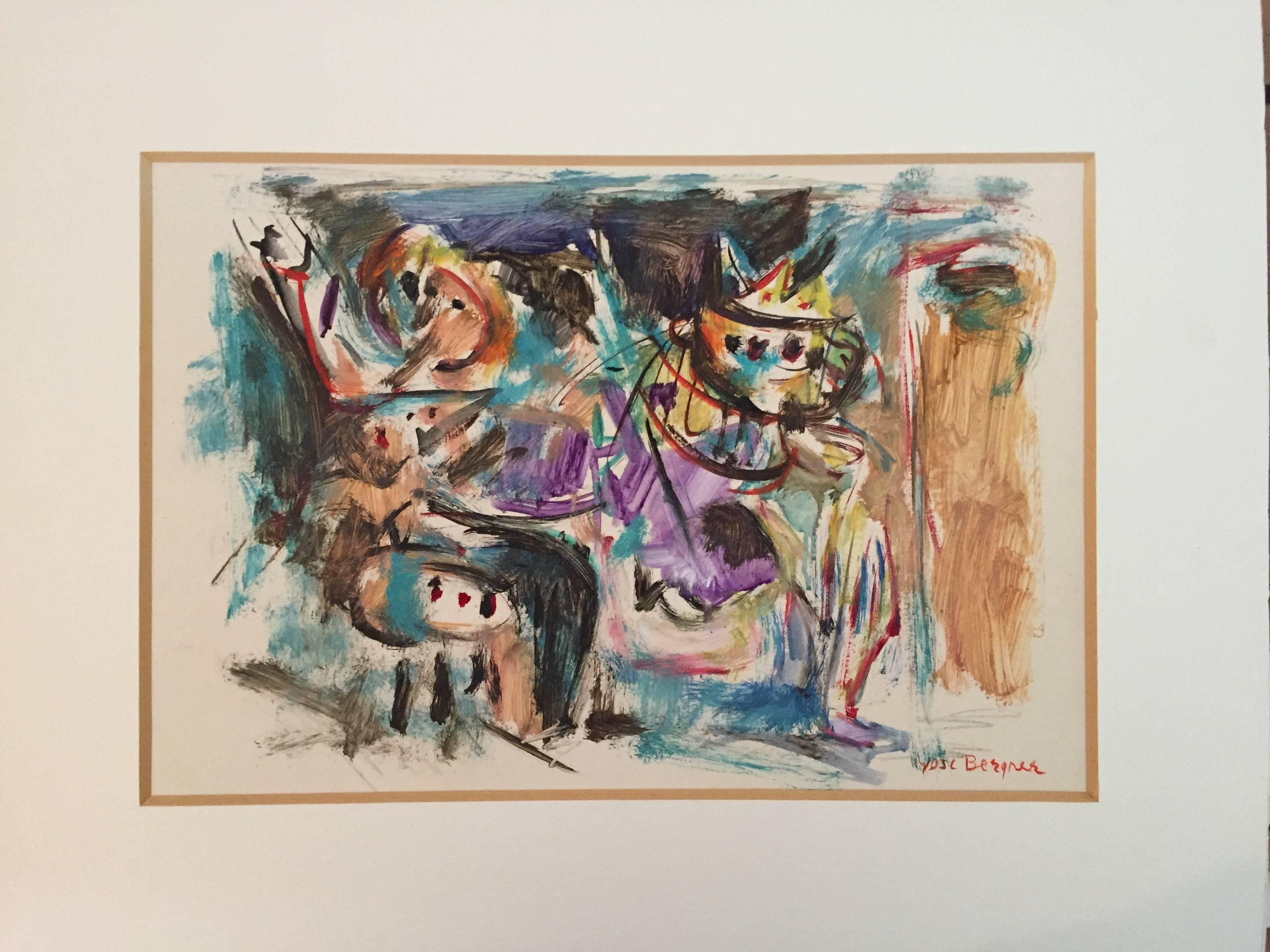 Rare Israeli Modernist Figurative Abstract Gouache Painting - Gray Abstract Painting by Yosl Bergner