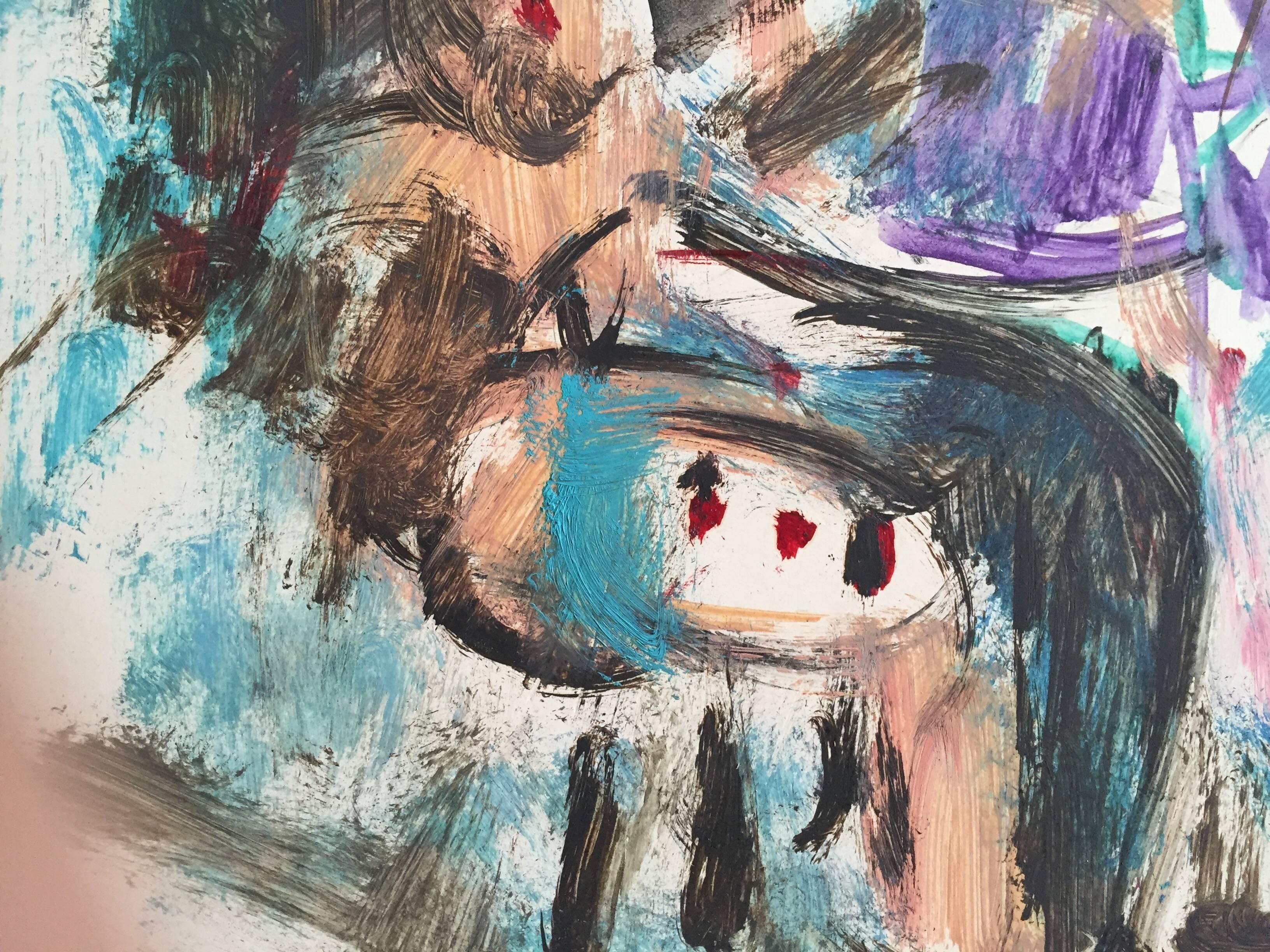 Rare Israeli Modernist Figurative Abstract Gouache Painting For Sale 1