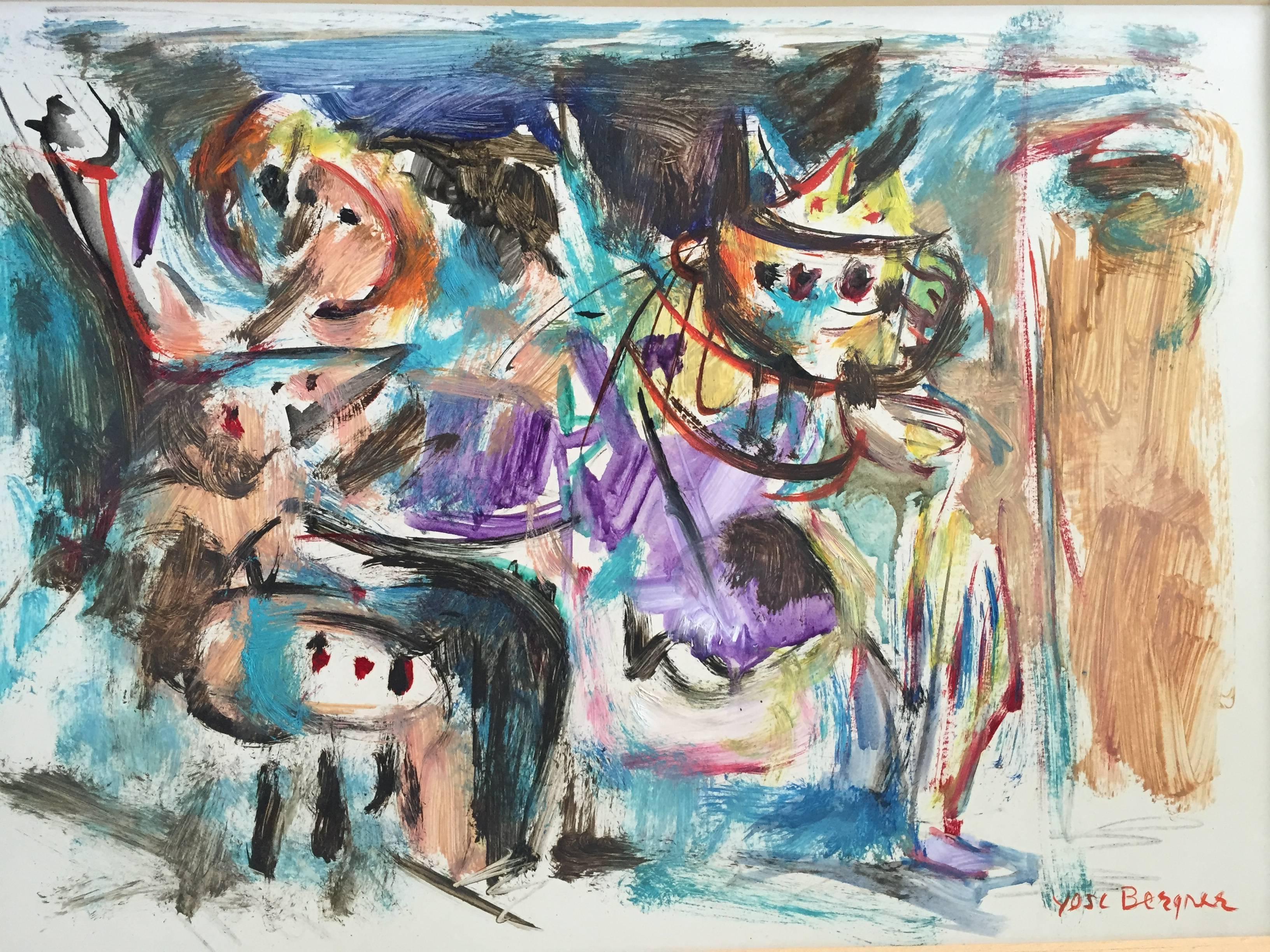 Yosl Bergner Abstract Painting - Rare Israeli Modernist Figurative Abstract Gouache Painting