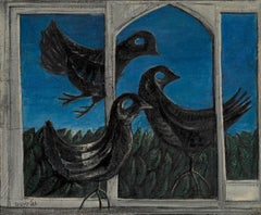 THREE BIRDS Israeli artist oil on canvas black and blue colors trompe l'oeil