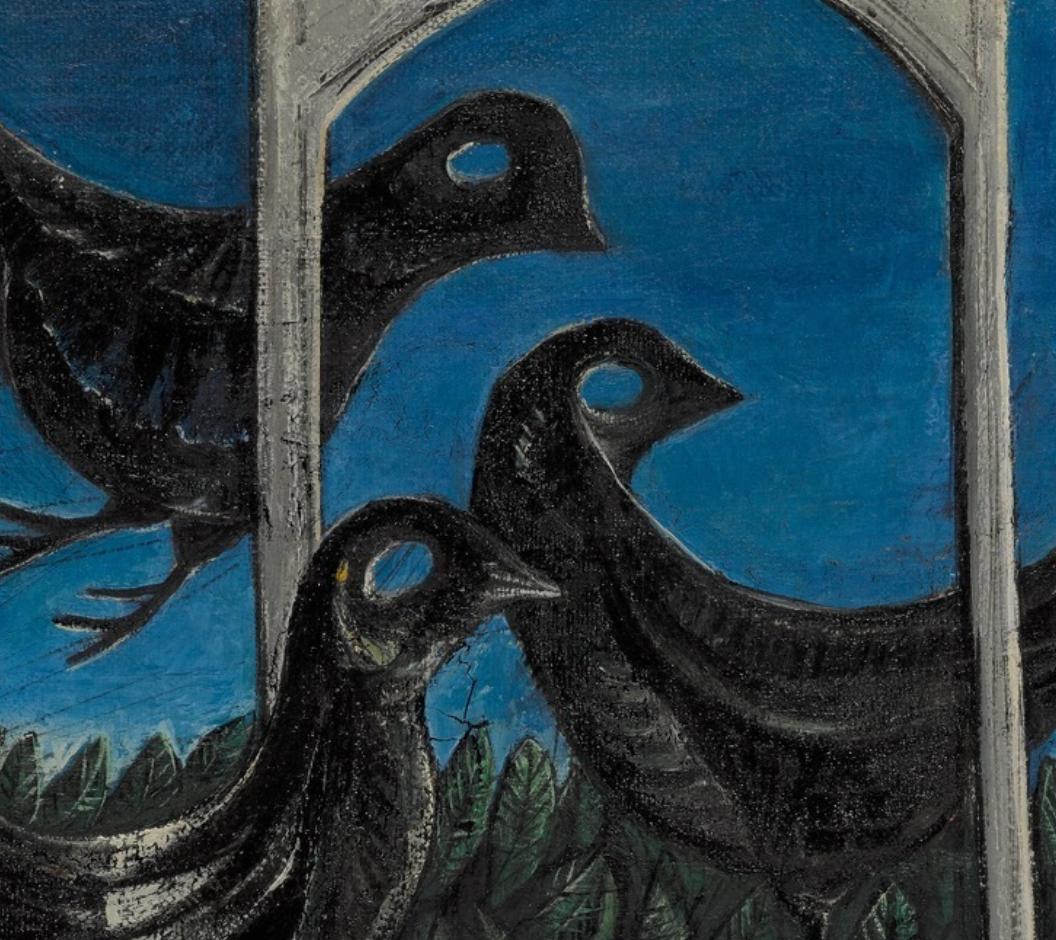 THREE BIRDS Israelische Künstlerin Öl auf Leinwand Schwarze und blaue Farben im Angebot 1