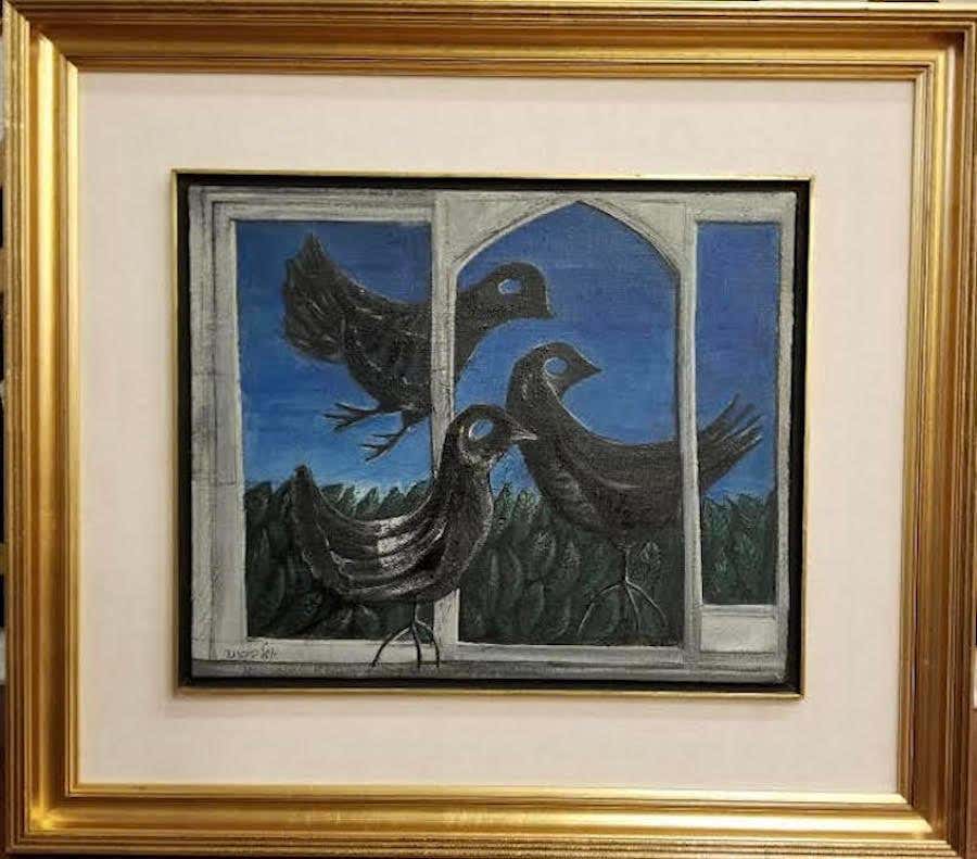THREE BIRDS Israeli artist oil on canvas black and blue colors trompe l'oeil