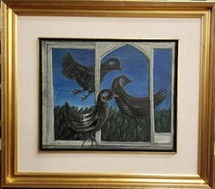THREE BIRDS Israeli artist oil on canvas black and blue colors