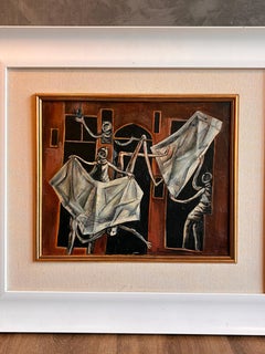 Yosl Bergner Signed Israeli Painting, Modern figurative, Theatrical Scene