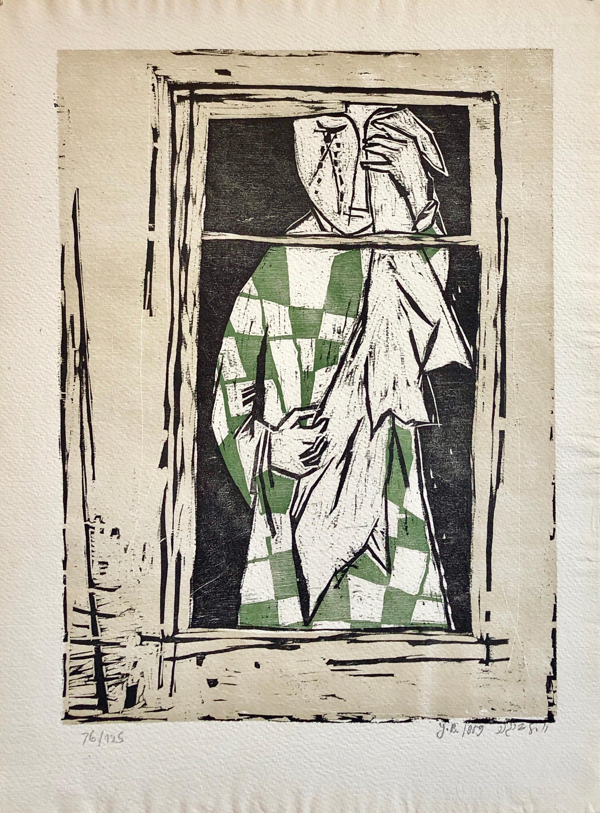 1959 Israeli Yosl Bergner Modernist Color Woodcut Woodblock Print For Sale 2