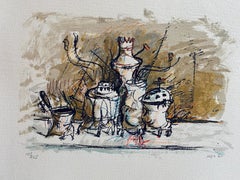 Israeli Expressionist Yosl Bergner Modernist Lithograph Kibbutz Coffee Grinder