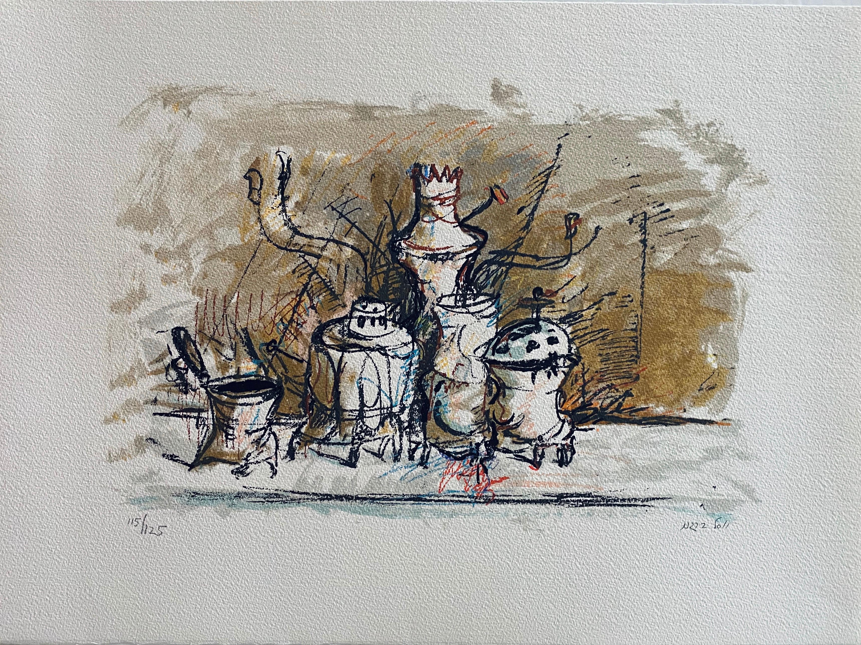 Israeli Expressionist Yosl Bergner Modernist Lithograph Kibbutz Coffee Grinder 