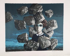 Portrait of Young Girl Surrounded by Falling Rectangular Stone Boulders