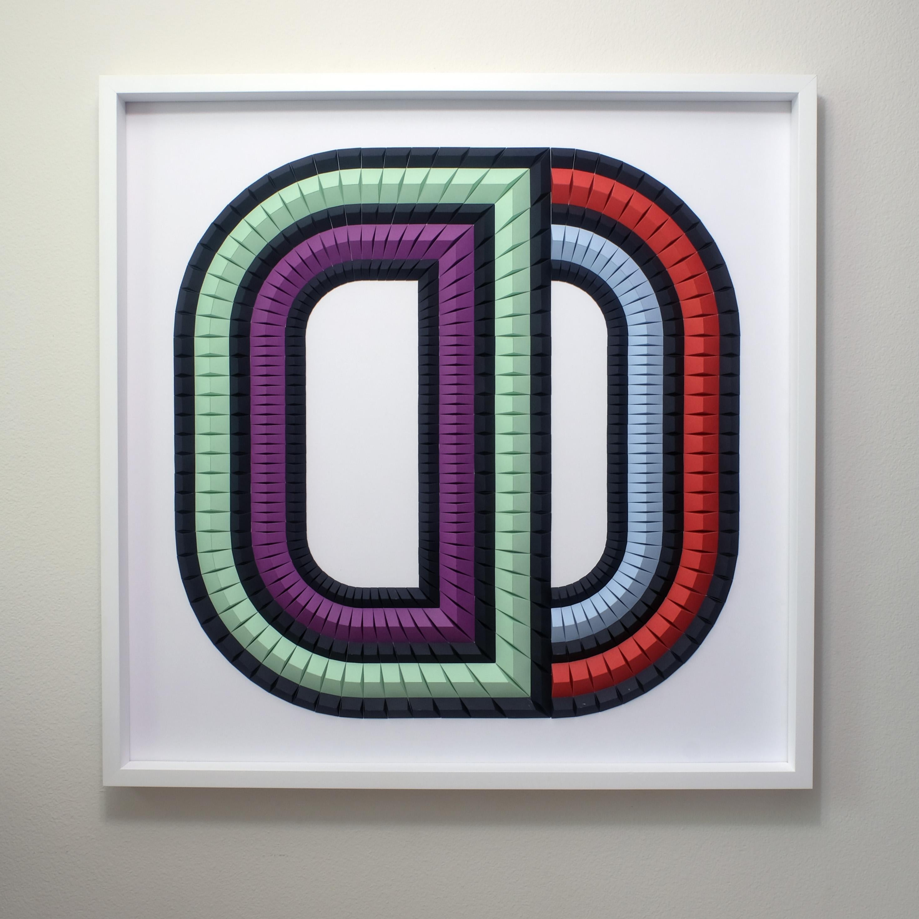 This beautiful geometric abstract wall sculpture is made out of colored laser cut paper that was hand folded by Yossi Ben Abu. It comes in white wooden frame and a non glare museum glass.
