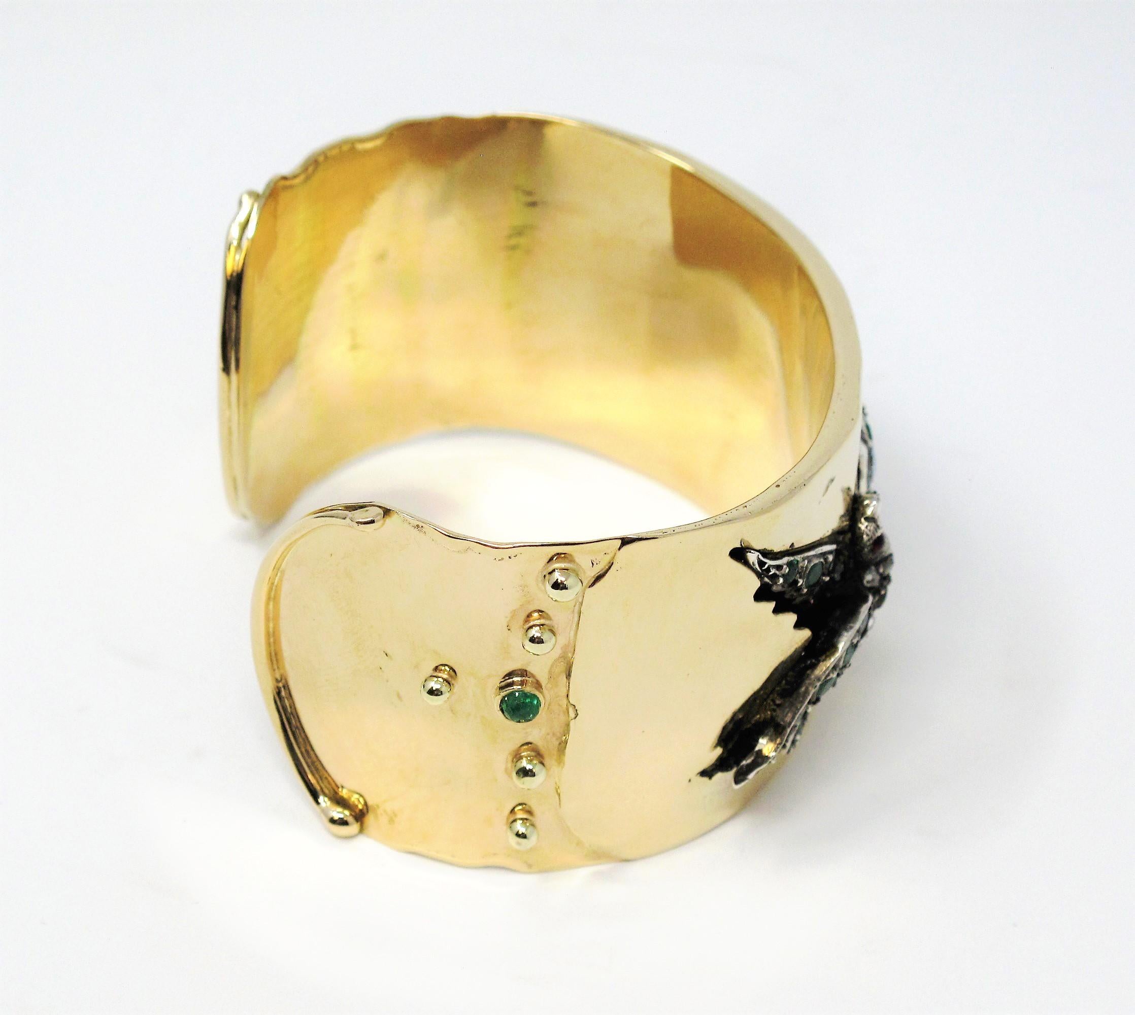 Contemporary Yossi Gabay 14 Karat Yellow Gold Wide Cuff Bracelet with Gem Birds and Heart 