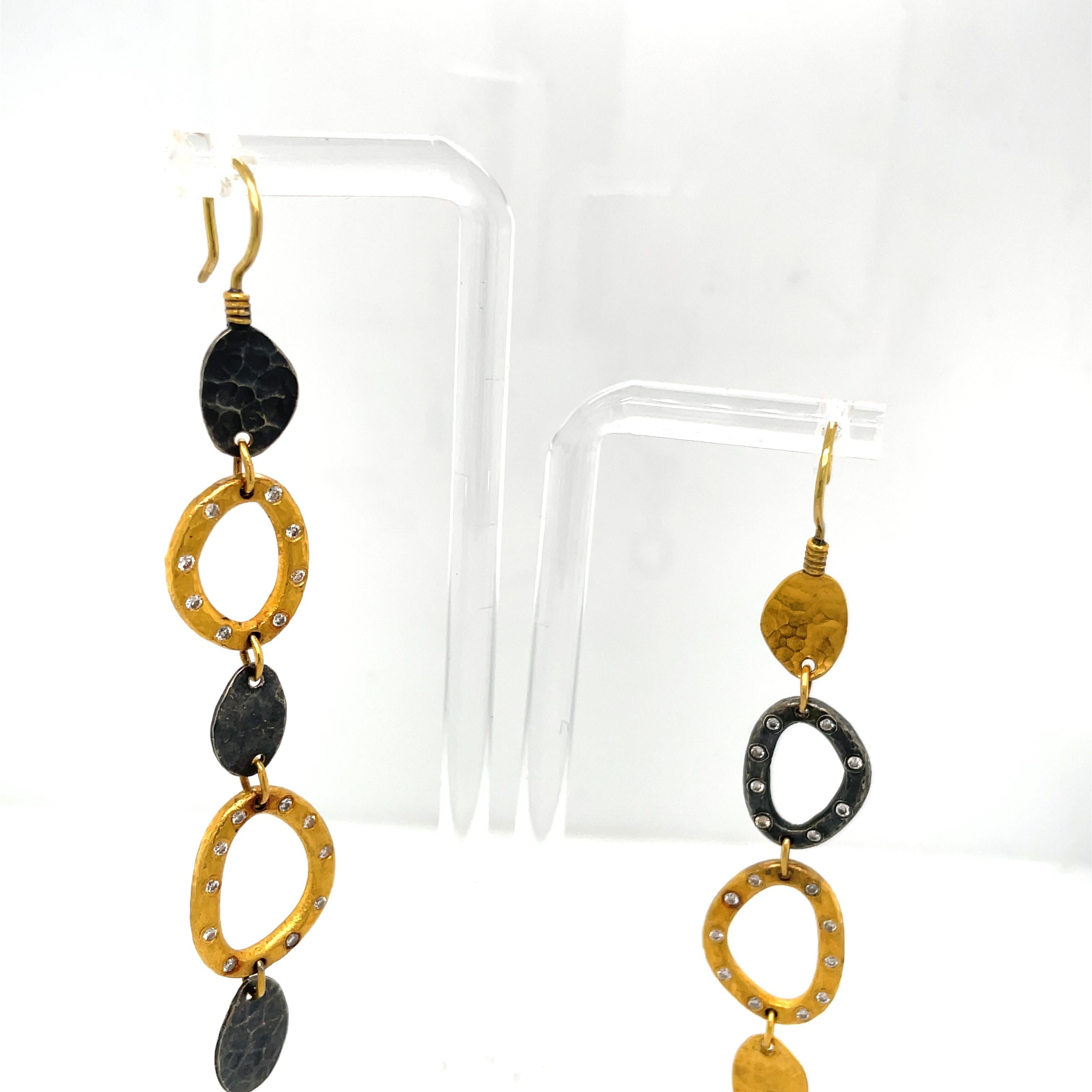 From Designer Yossi Harari gorgeous 24K Yellow Gold and Sterling Silver Diamond Dangle EArrings on Earwires.   Stamped 24K
