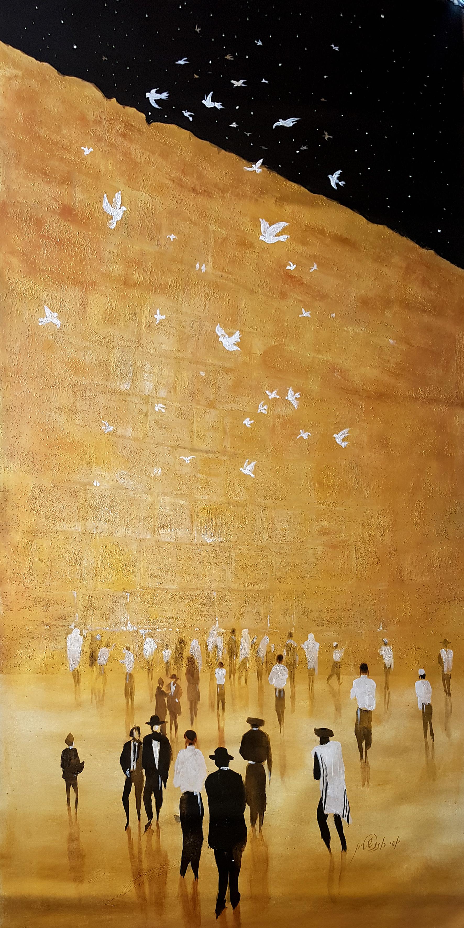 Yossi Rosenstein Figurative Painting - Golden Wailing Wall (Judaica)