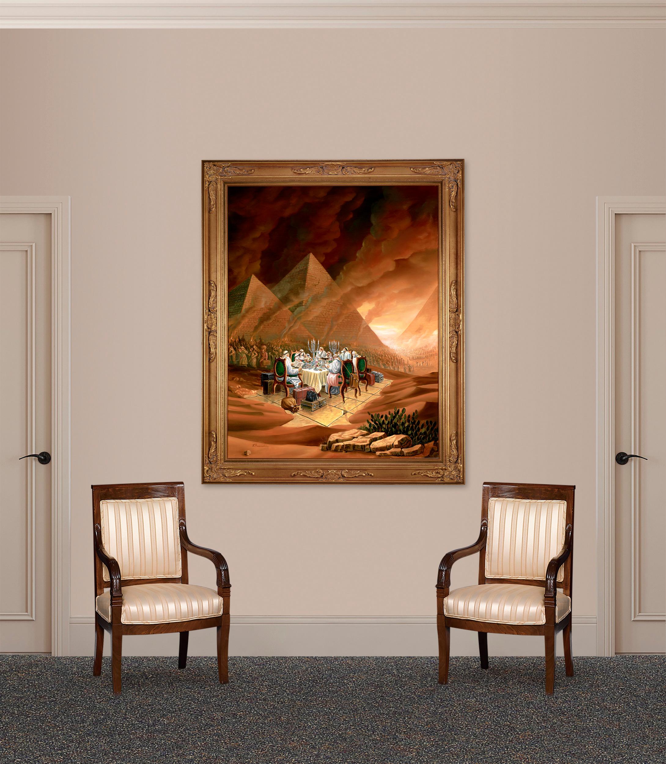 The Passover seder is the subject of this monumental work by the Israeli painter Yossi Rosenstein. The artist is renowned for his artistic interpretation of biblical tales on canvas, and this work offers a wholly unique interpretation of this