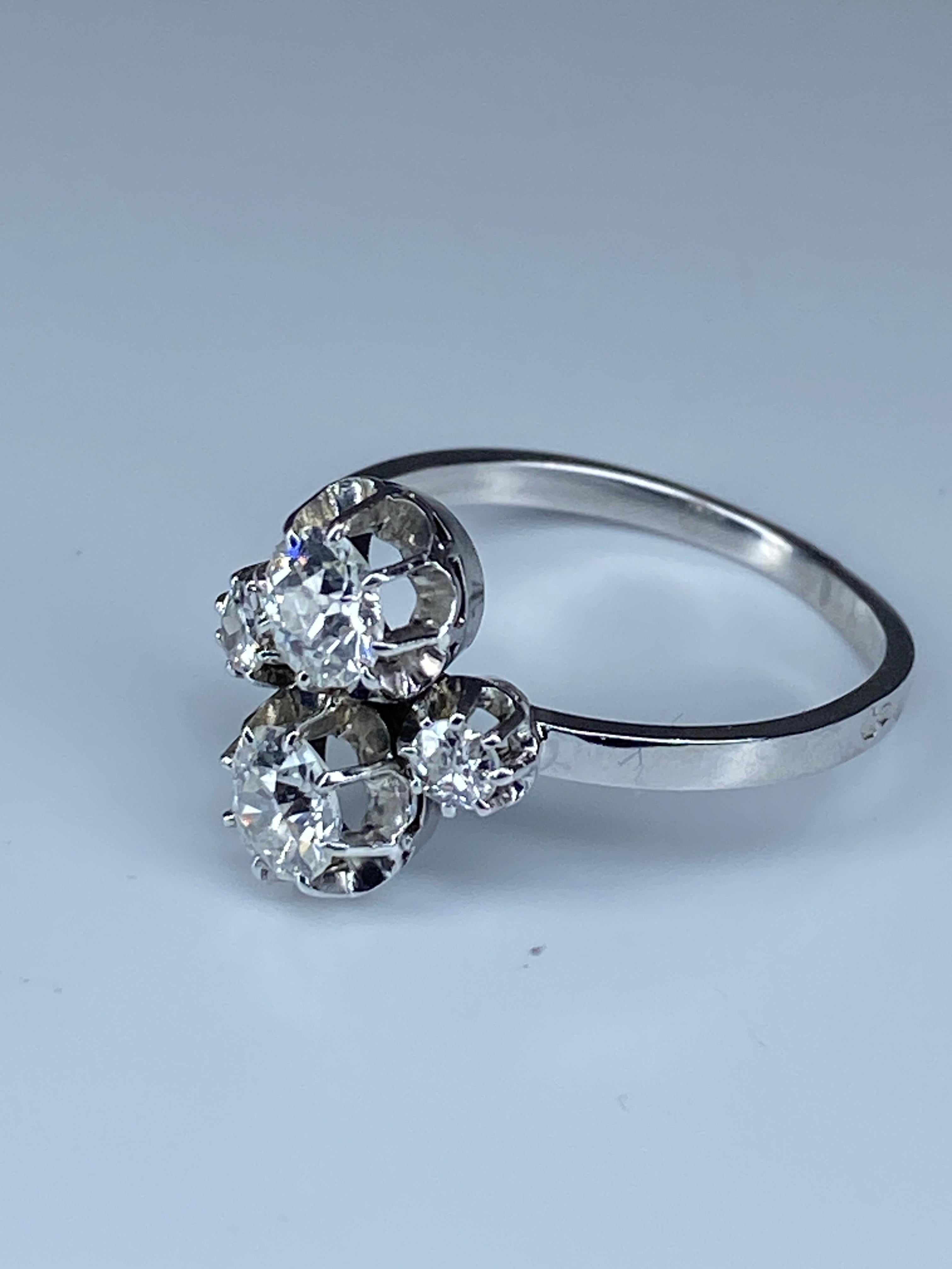 You and Me Ring in 18 Carat Gold and Platinium Set with Diamonds, circa 1930 For Sale 5