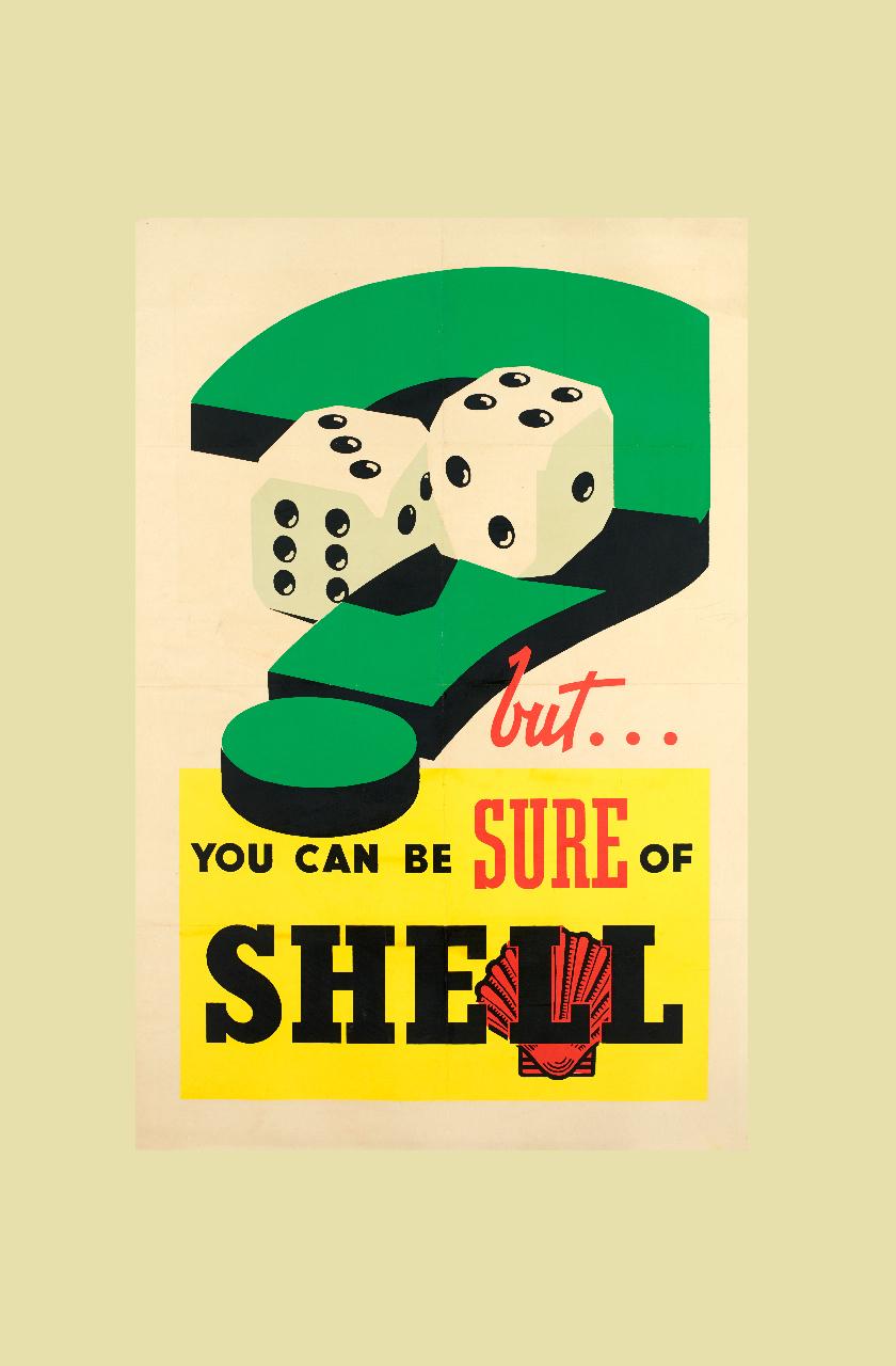 British Original You Can Be Sure of Shell Vintage Poster, Oil Gas Petrol, Dice,  1925