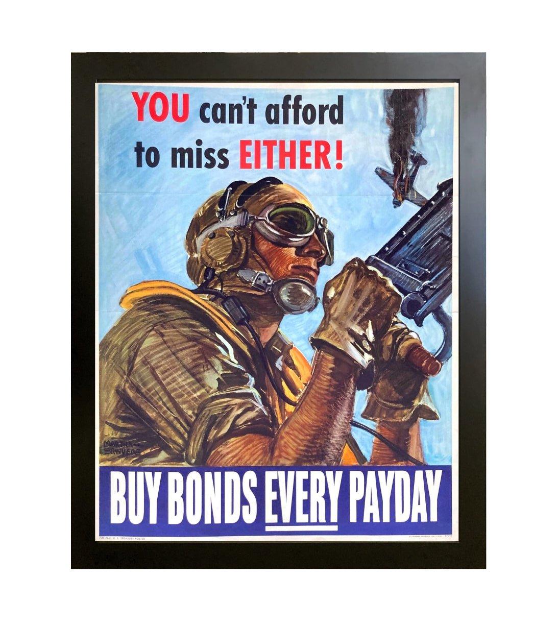 Dieses Plakat aus dem Jahr 1944 wirbt für den Kauf von Kriegsanleihen. Das Plakat zeigt einen Maschinengewehrschützen in Aktion, der im Pazifik kämpft. Seine Hände umklammern ein Maschinengewehr, während eine anvisierte japanische Zero hinter ihm in