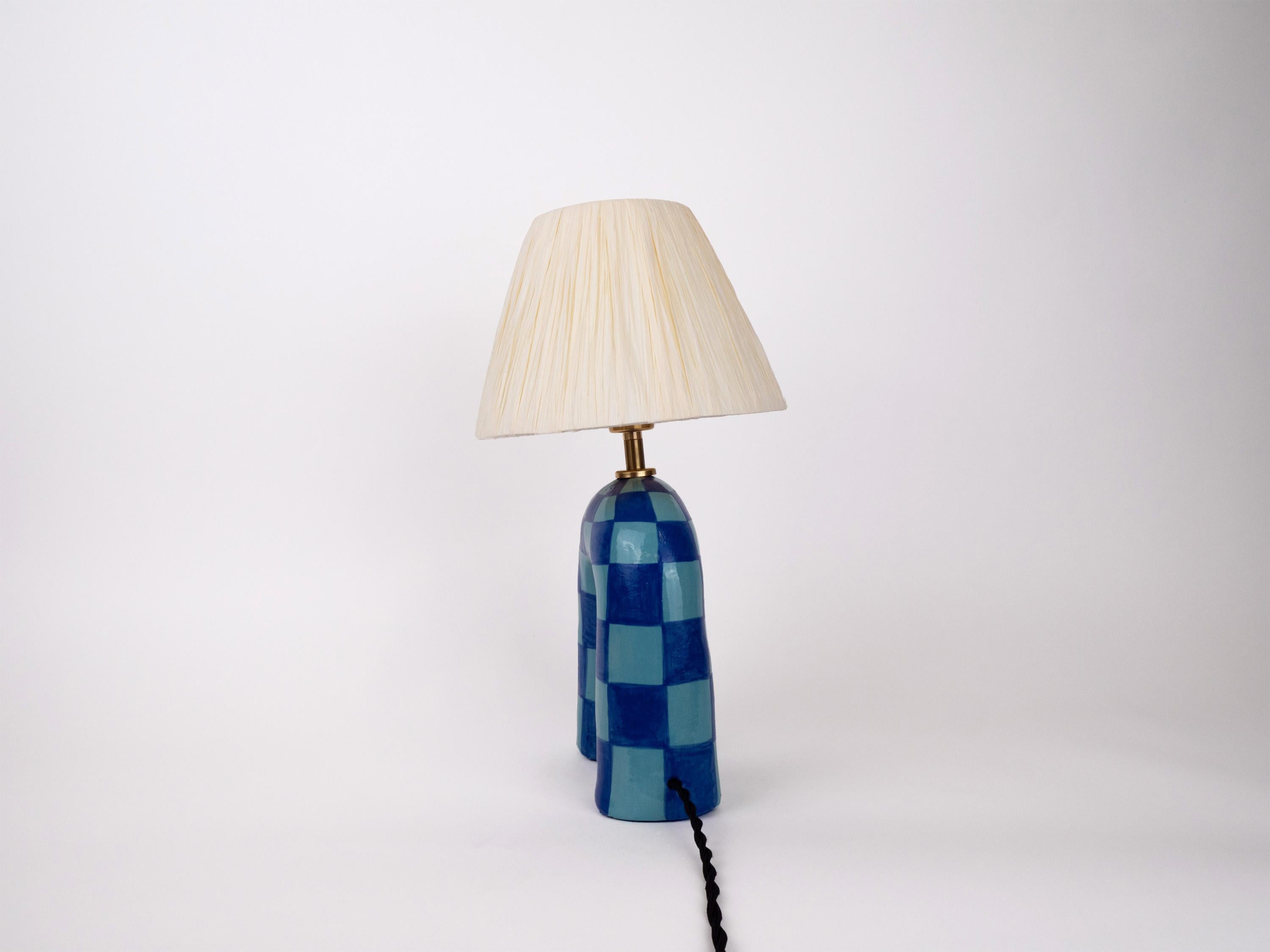 Glazed 'You' Table Lamp - Blue Checkerboard