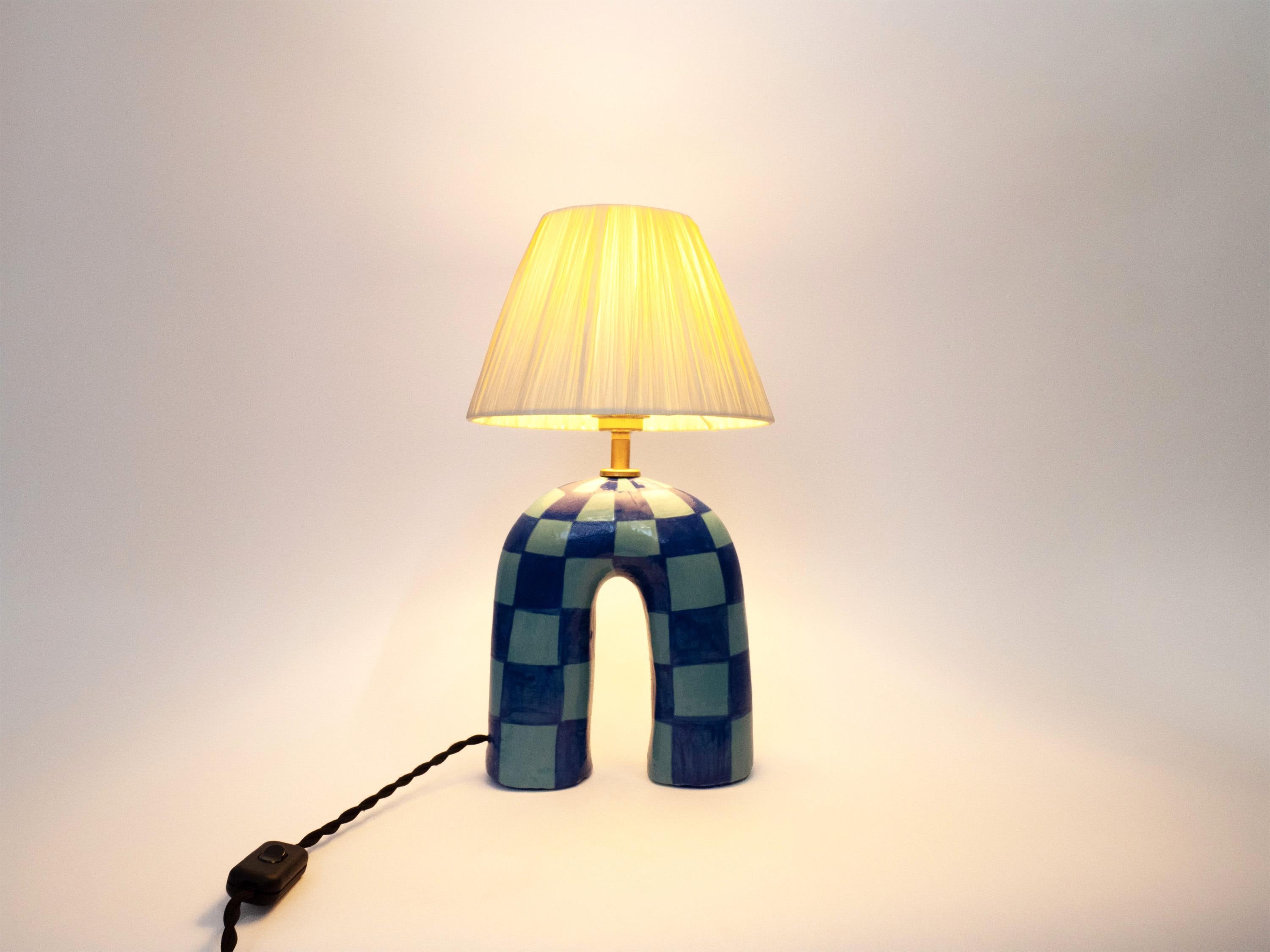 Ceramic 'You' Table Lamp - Blue Checkerboard
