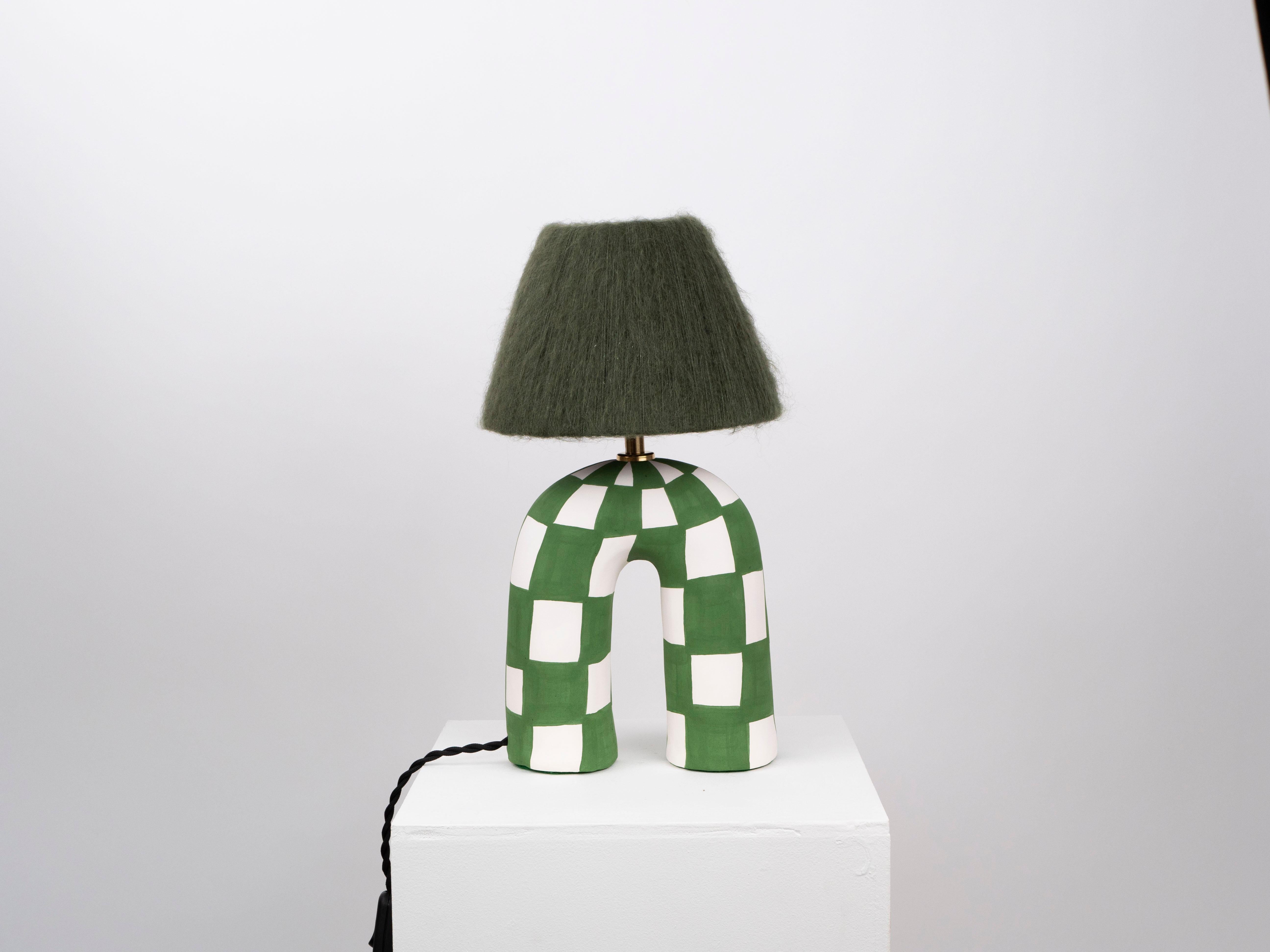 White and Green Checkerboard Pattern with a Matte Finish and Green Mohair Shade

Estimated processing time is 2 weeks from order confirmation

Pictured with a Mini Globe LED E27 Bulb. Bulb not included

To pair this base with a shade in an