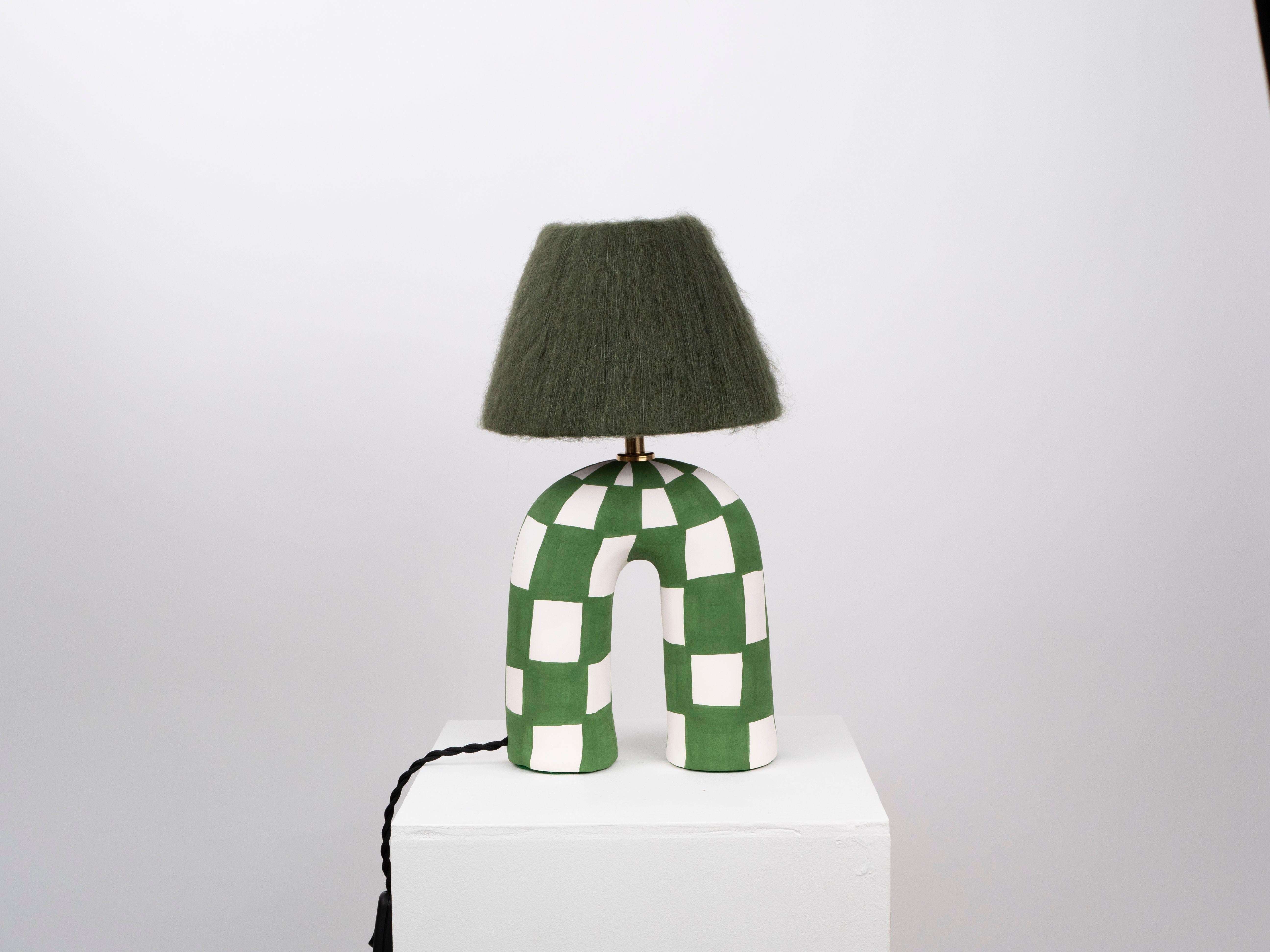 White & Green Checkerboard Pattern with a Matte Finish and Green Mohair Silk Shade

Estimated processing time is 2 weeks from order confirmation.

Pictured with a Mini Globe LED E27 Bulb. Bulb not included.

If you would like to alter the colour of