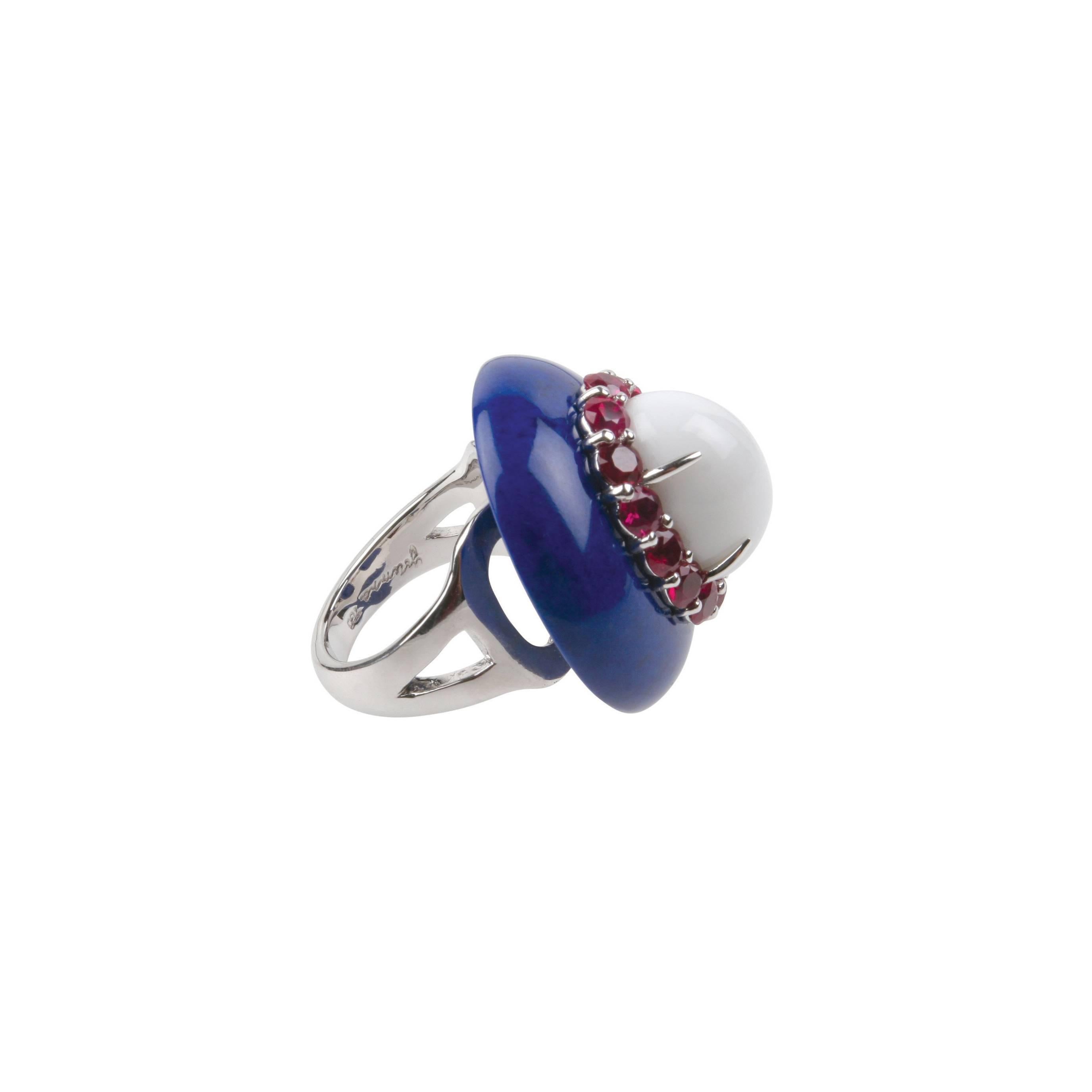 Modern Youmna Fine Jewellery 18 Karat White Gold with Lapis, Agate, & Ruby Capri Ring  For Sale