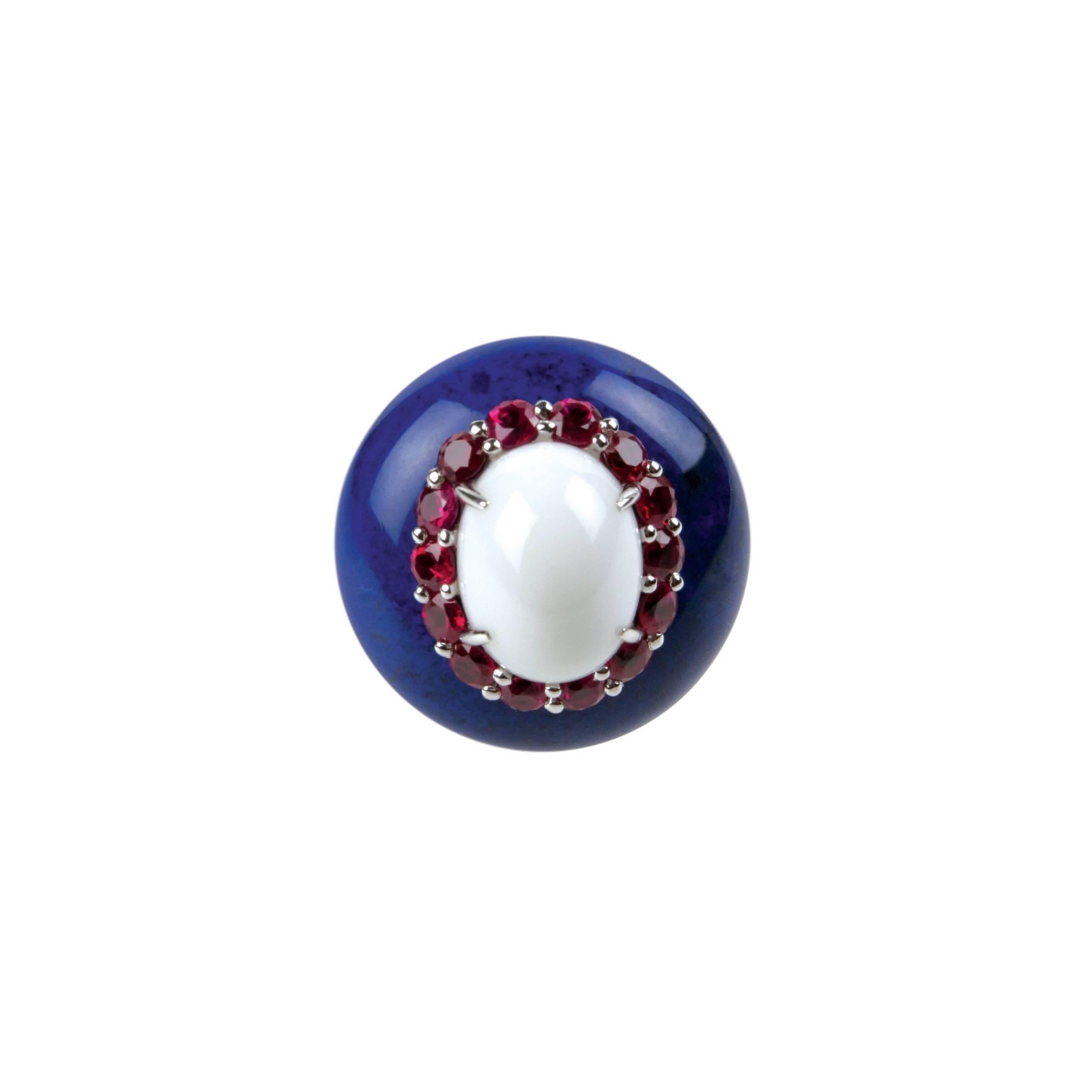 Women's or Men's Youmna Fine Jewellery 18 Karat White Gold with Lapis, Agate, & Ruby Capri Ring  For Sale