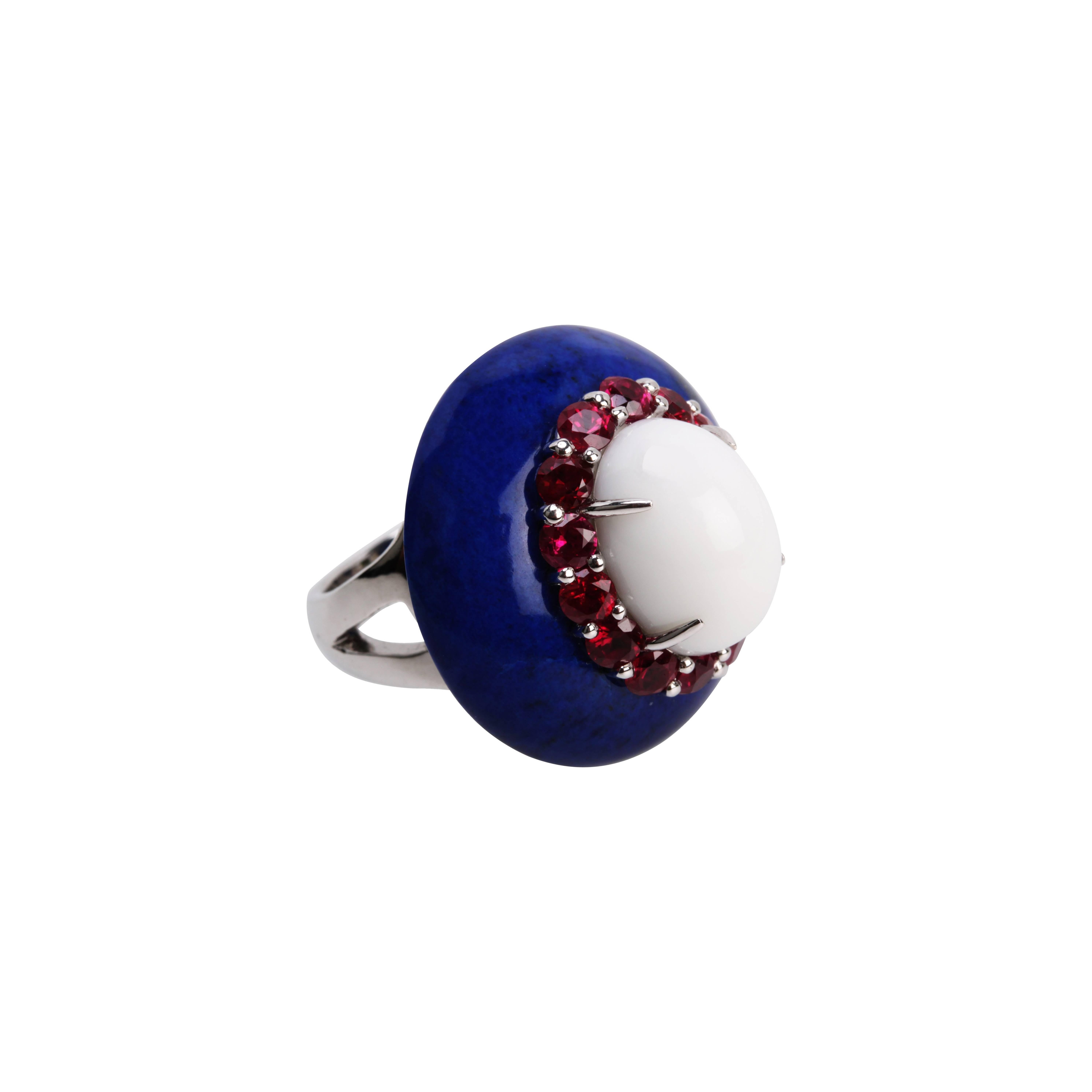Youmna Fine Jewellery 18 Karat White Gold with Lapis, Agate, & Ruby Capri Ring  For Sale
