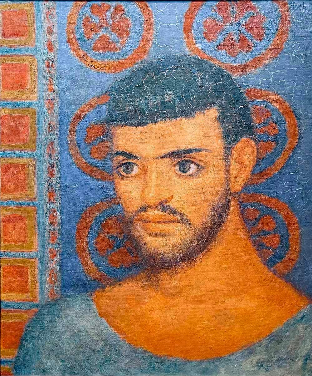 This vivid and large portrait of a young, sunburned Greek man, painted in a palette of deep blue, red and ruddy skin tones,  was painted by Julius Bloch in 1961.  The artist spent his early years depicting African Americans, starting in the 1930s.