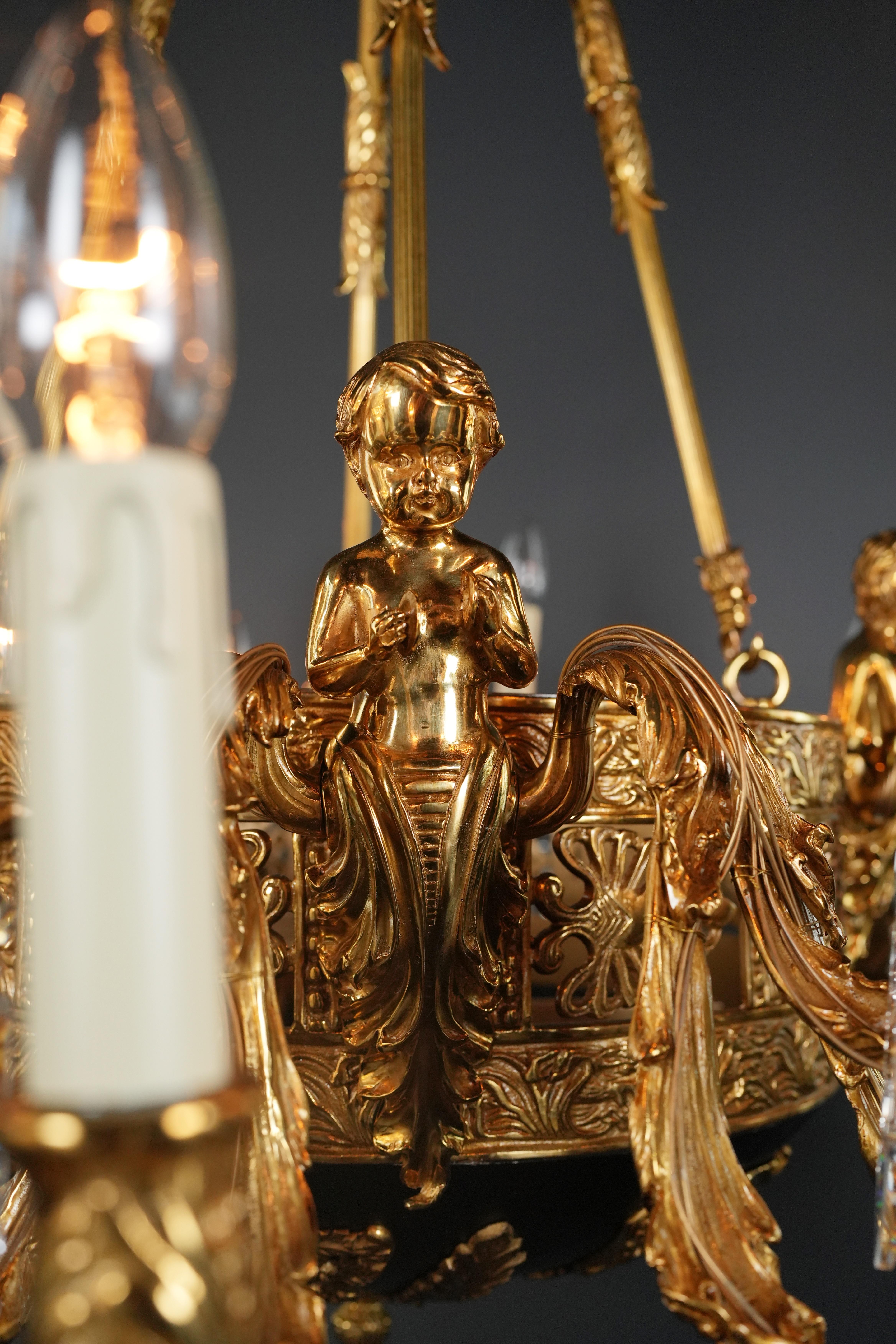 Putto Brass Empire Chandelier Lustre Lamp Antique Gold For Sale 3