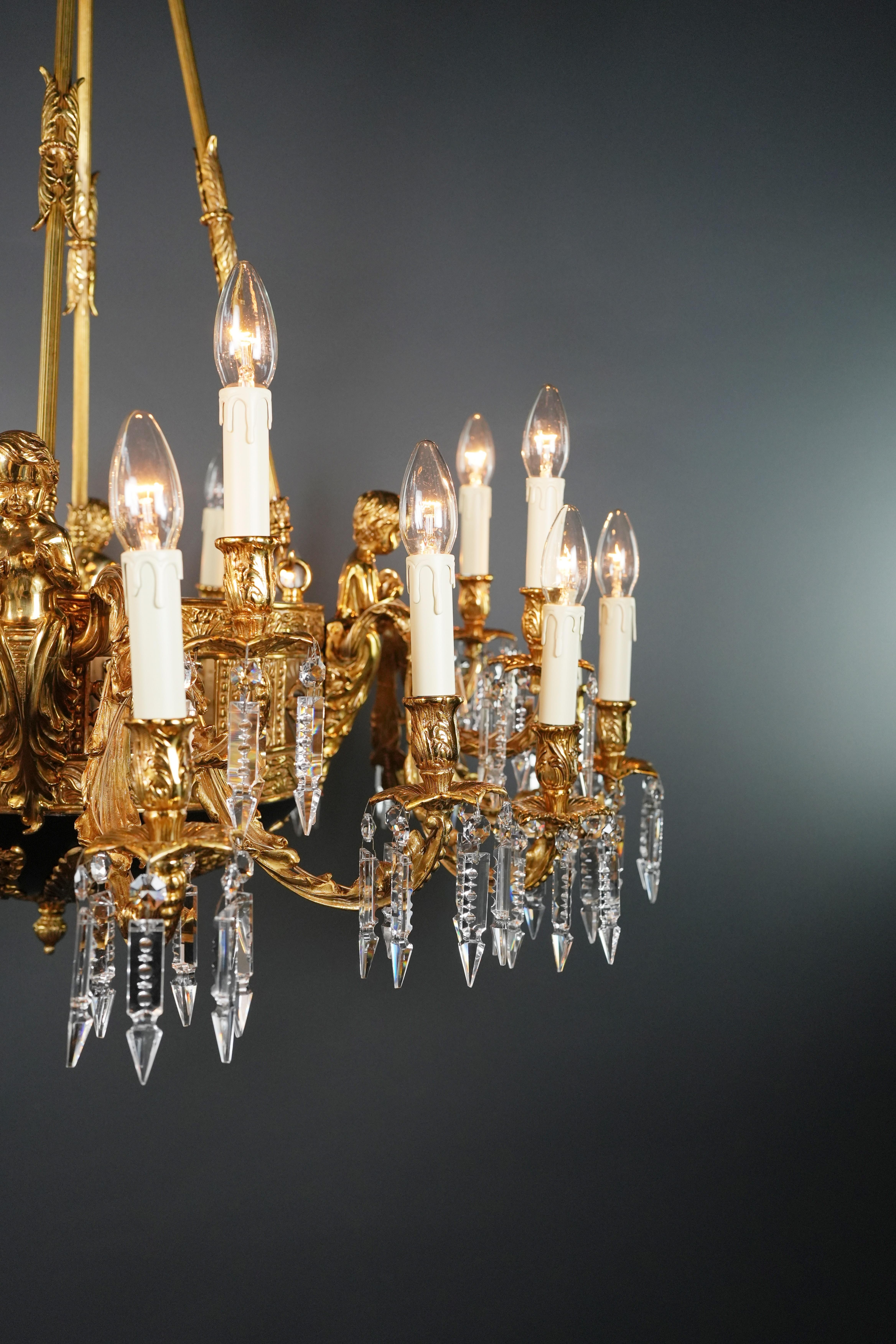 Putto Brass Empire Chandelier Lustre Lamp Antique Gold For Sale 1
