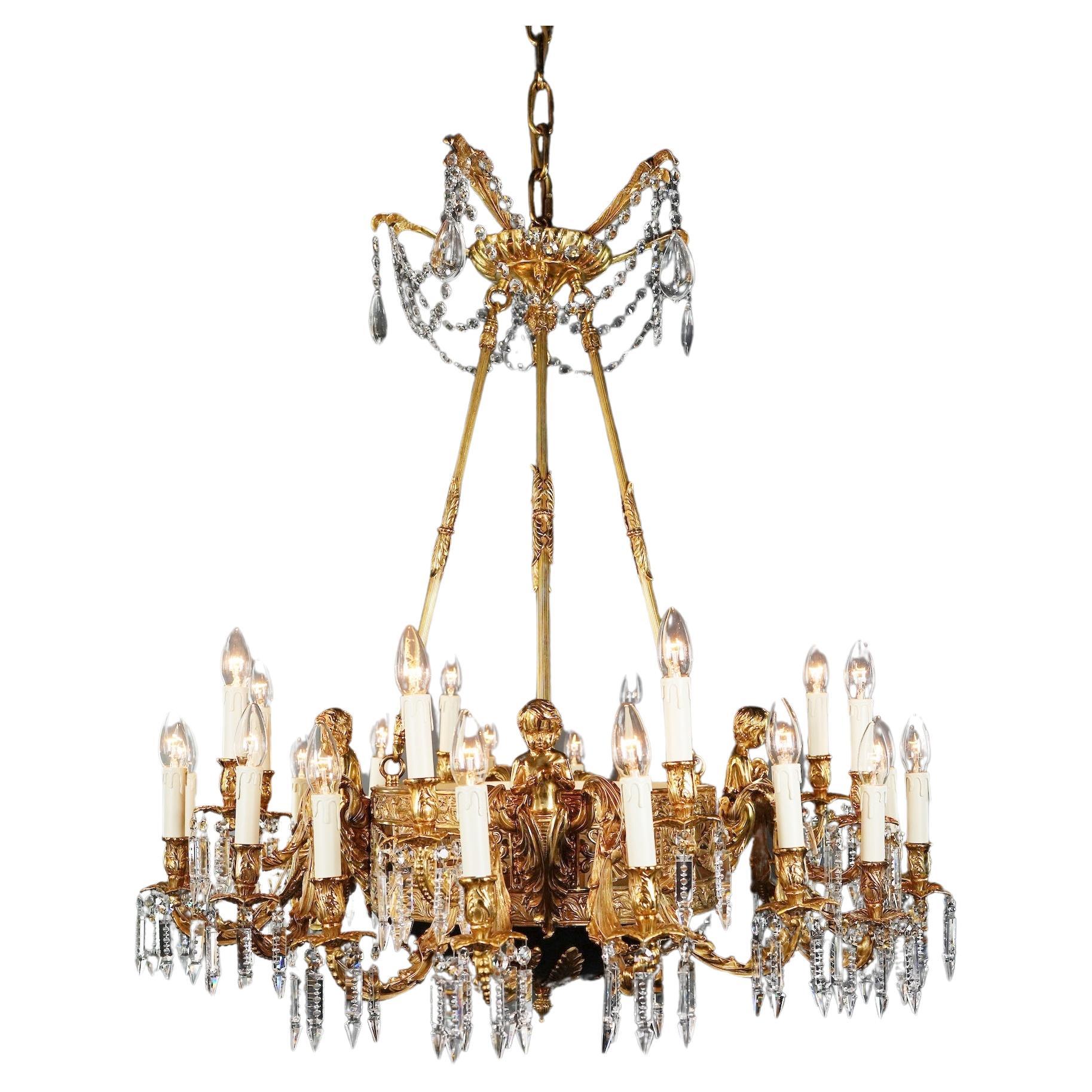 Putto Brass Empire Chandelier Lustre Lamp Antique Gold For Sale