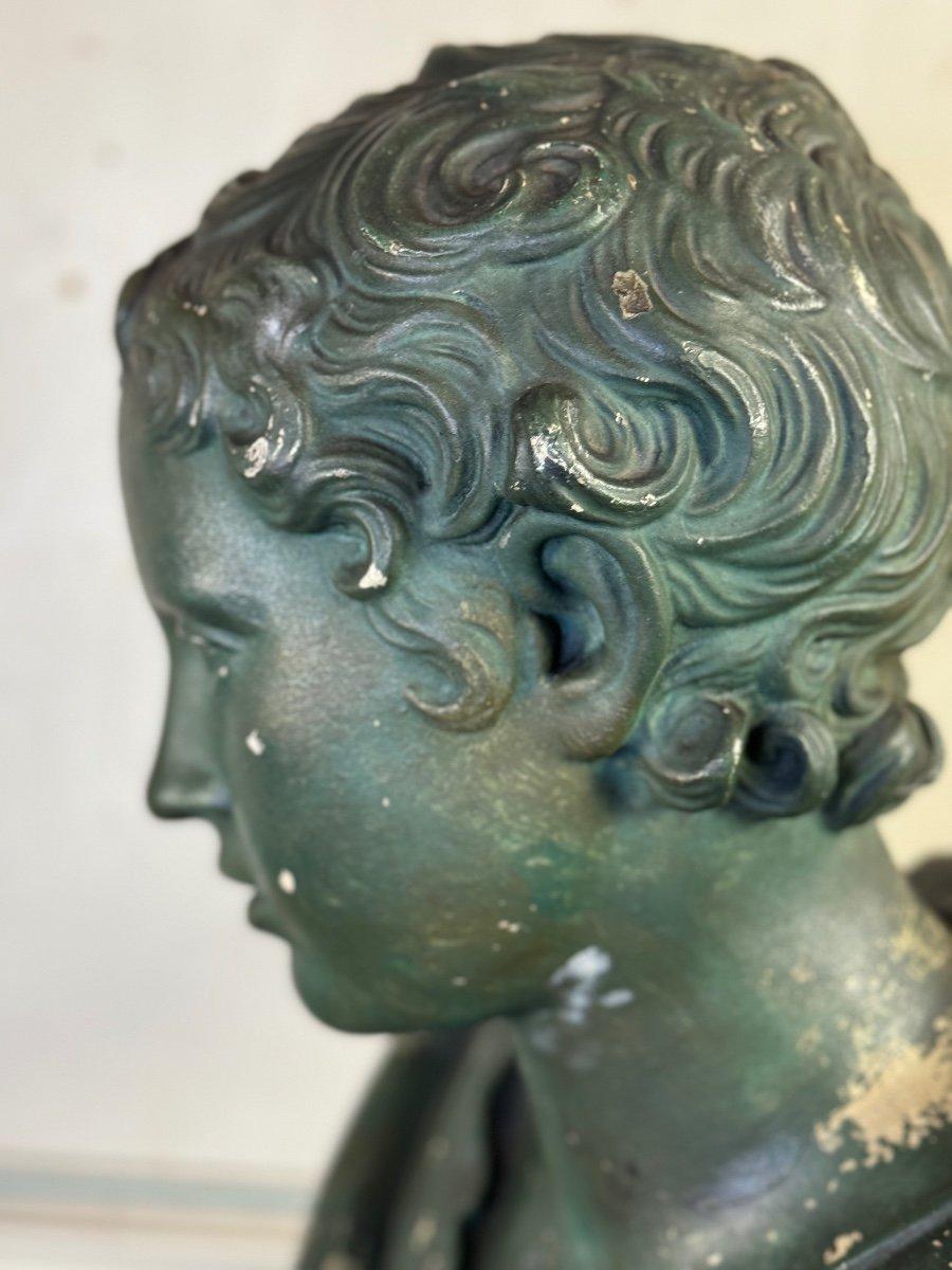 Italian Young Boy, Green Patina Plaster Bust, About 1900 For Sale