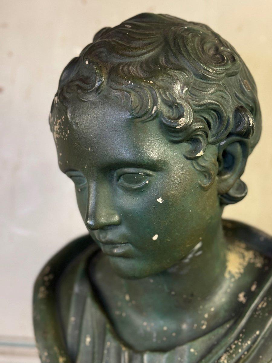 Young Boy, Green Patina Plaster Bust, About 1900 In Excellent Condition For Sale In Honnelles, WHT