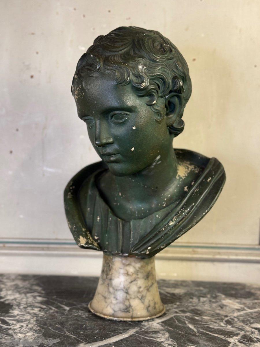 20th Century Young Boy, Green Patina Plaster Bust, About 1900 For Sale