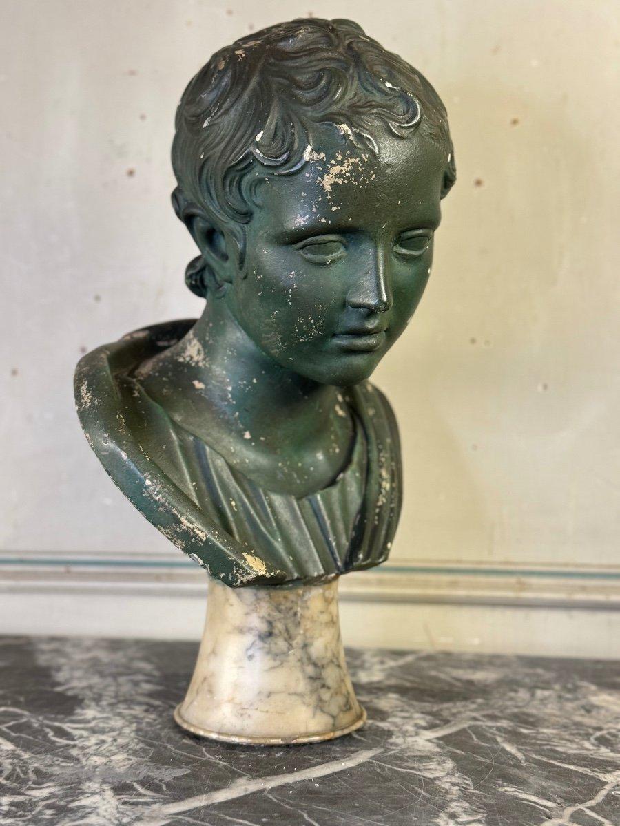 Young Boy, Green Patina Plaster Bust, About 1900 For Sale 1