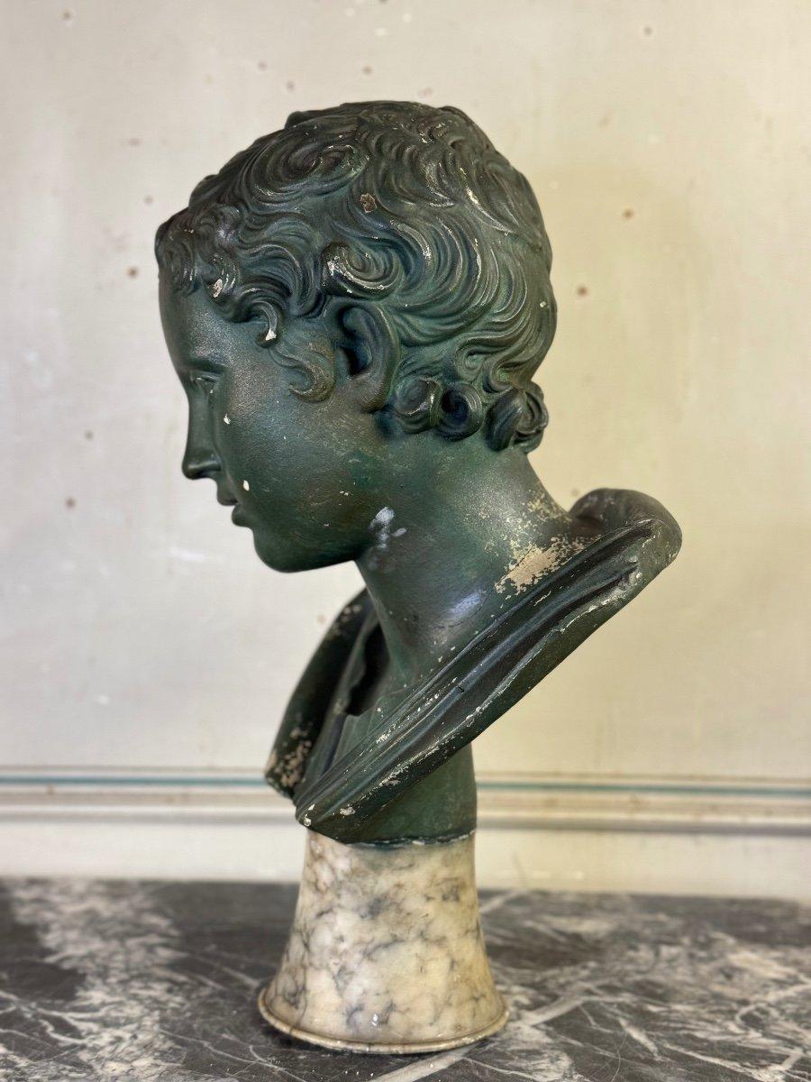 Young Boy, Green Patina Plaster Bust, About 1900 For Sale 4