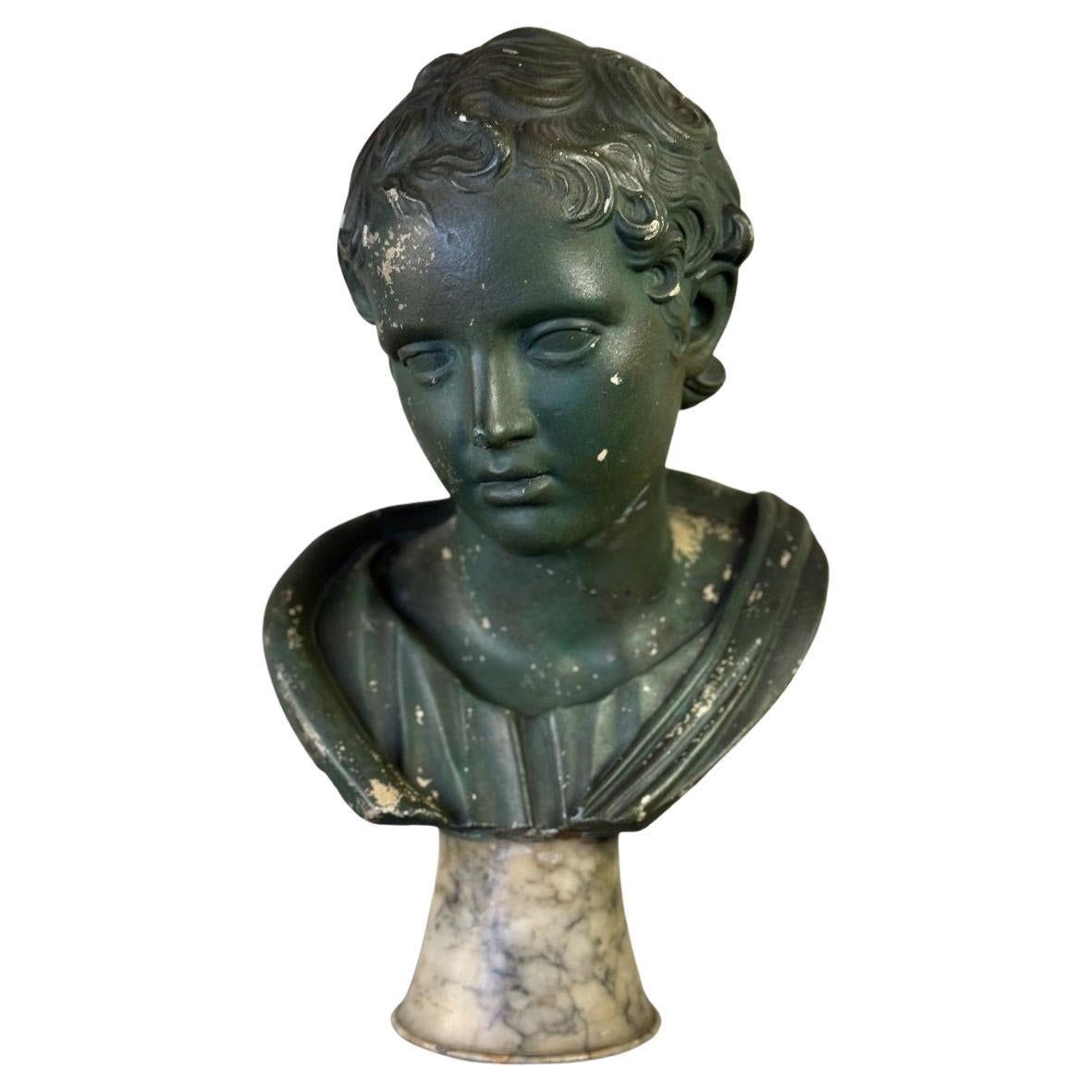 Young Boy, Green Patina Plaster Bust, About 1900 For Sale