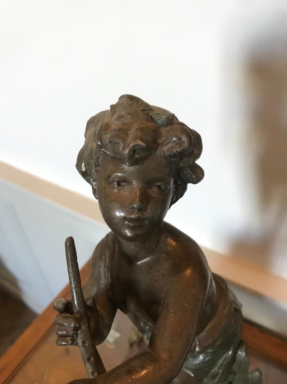 Young Boy Playing the Flute Sculpture on Marble Terrace, 19th Century For Sale 4
