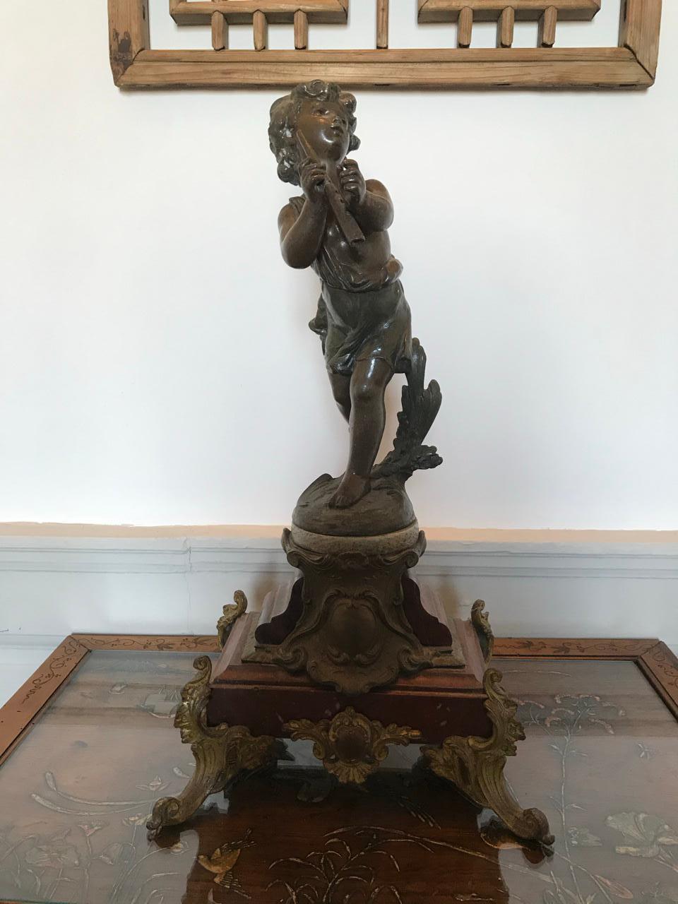 Young Boy Playing the Flute Sculpture on Marble Terrace, 19th Century For Sale 5