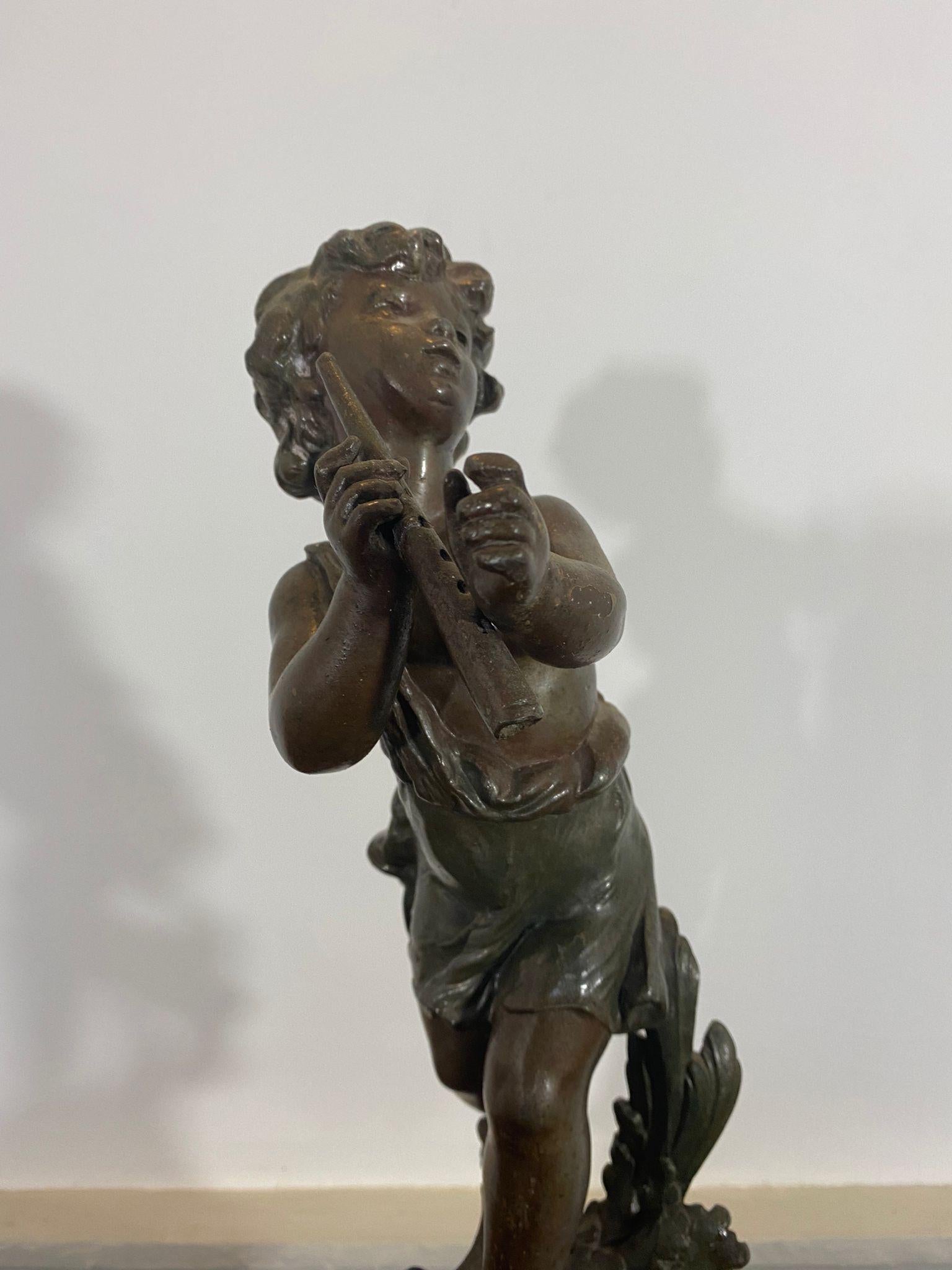 Louis XV Young Boy Playing the Flute Sculpture on Marble Terrace, 19th Century For Sale