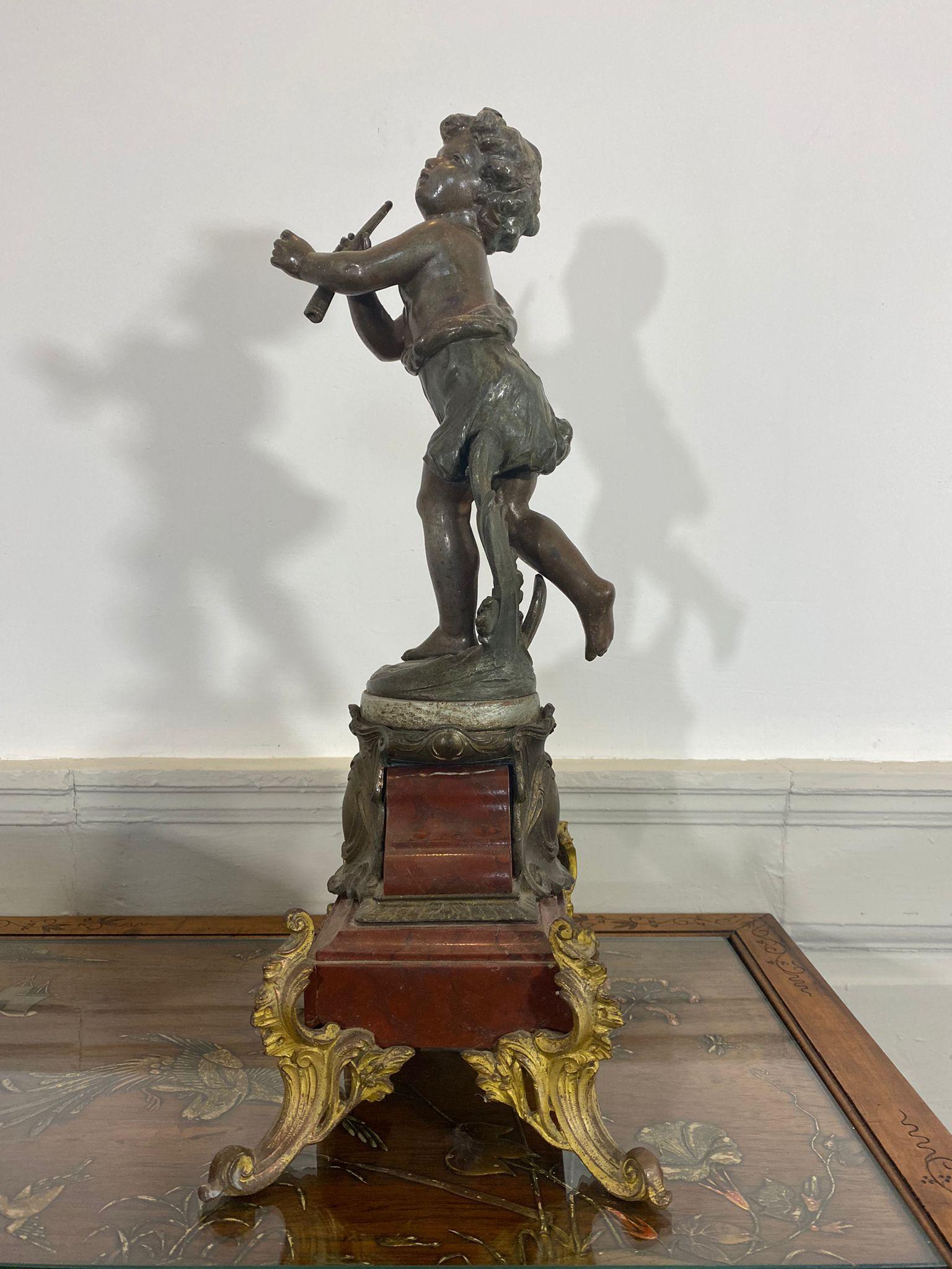 Young Boy Playing the Flute Sculpture on Marble Terrace, 19th Century In Good Condition For Sale In Beuzevillette, FR
