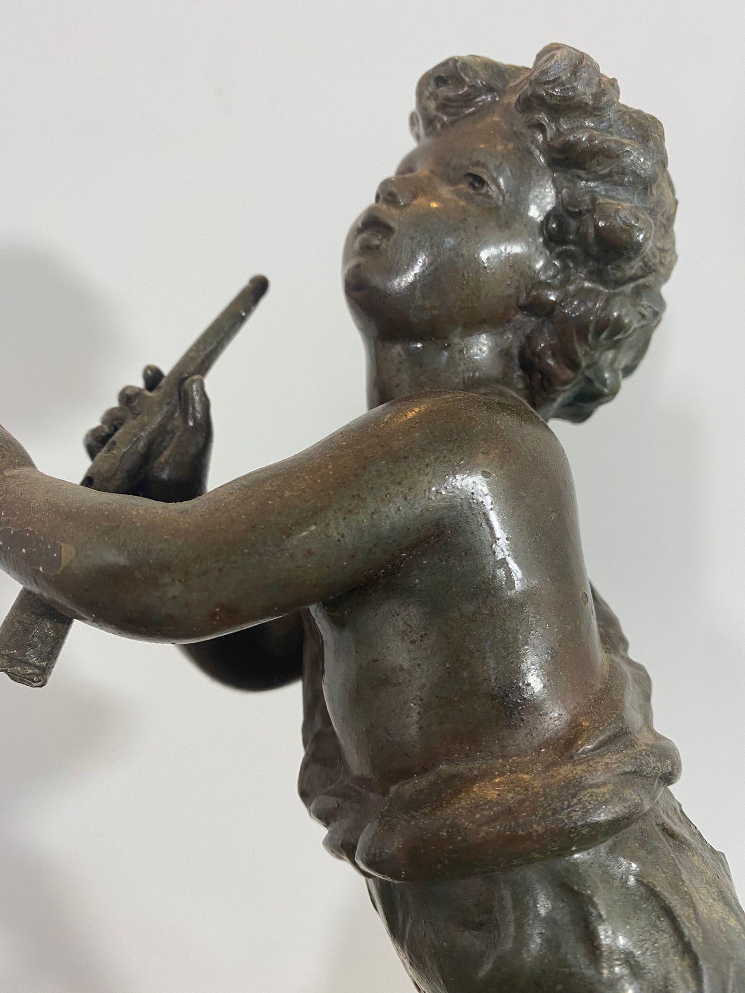 Late 19th Century Young Boy Playing the Flute Sculpture on Marble Terrace, 19th Century For Sale