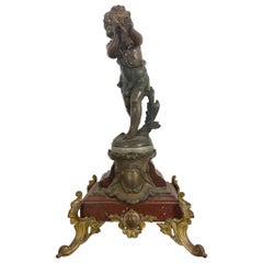 Young Boy Playing the Flute Sculpture on Marble Terrace, 19th Century