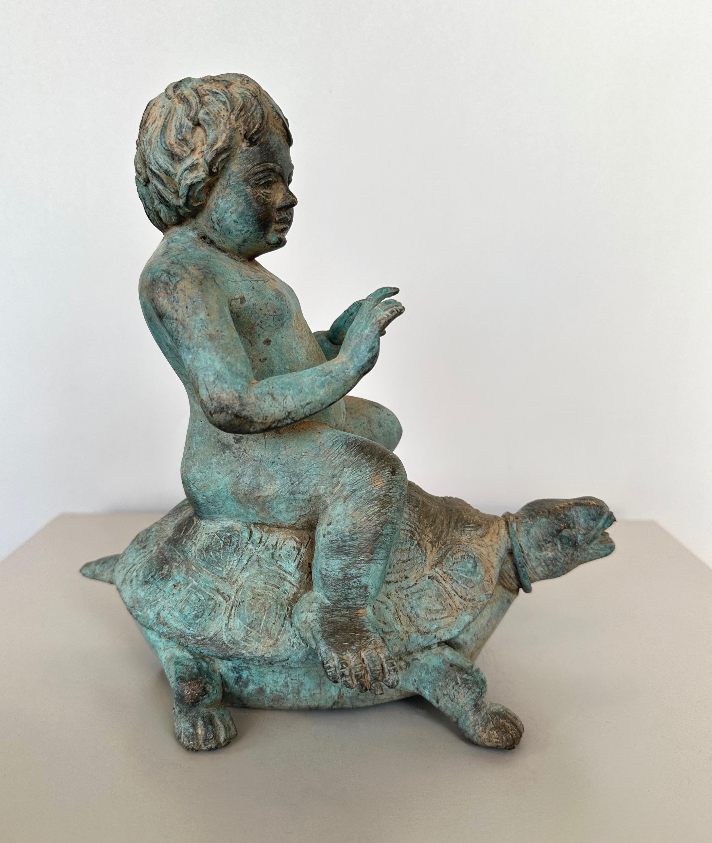 Young Boy Riding a Turtle, Patinated Bronze Fountain Head Sculpture, c. 1920 For Sale 4