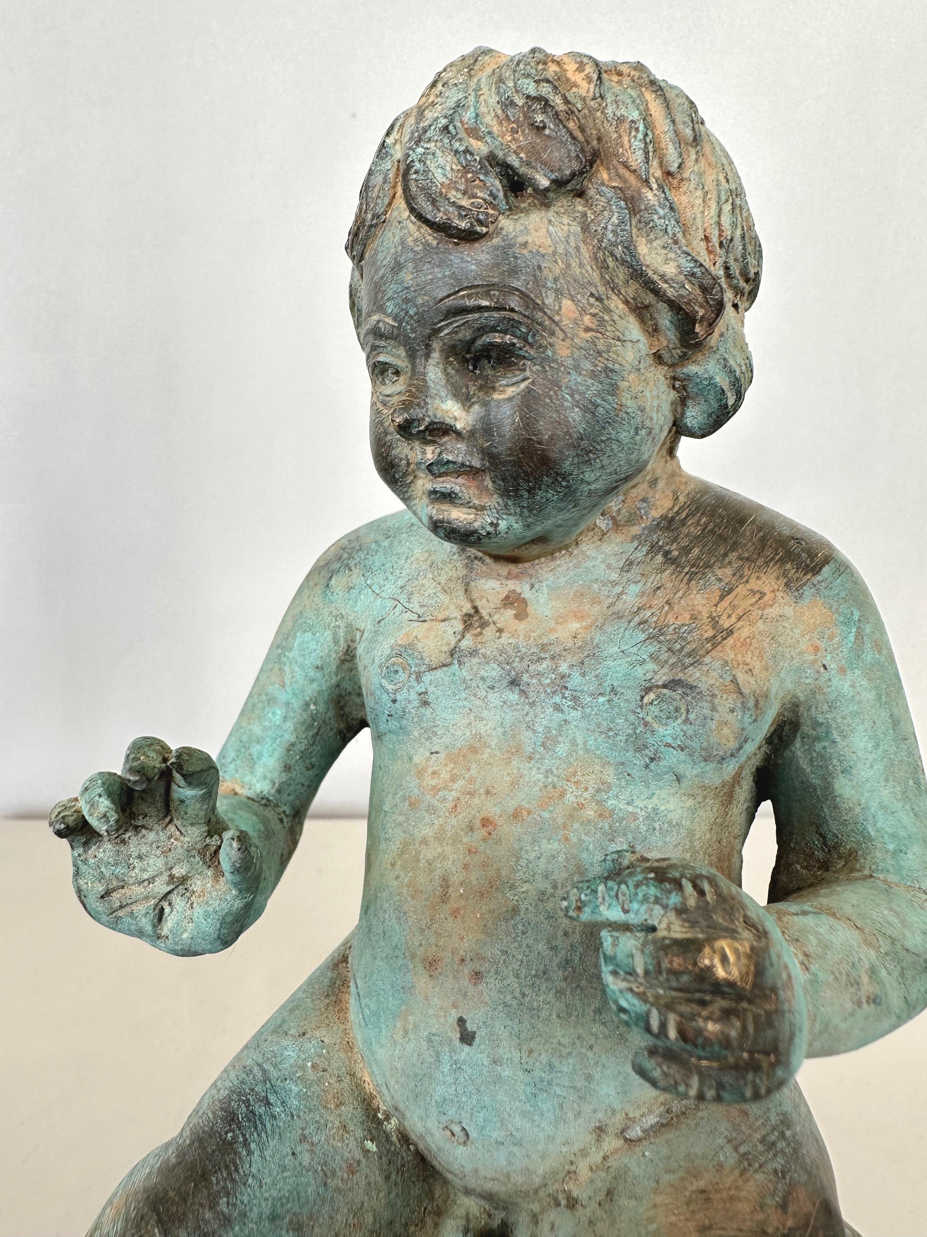 Young Boy Riding a Turtle, Patinated Bronze Fountain Head Sculpture, c. 1920 For Sale 6