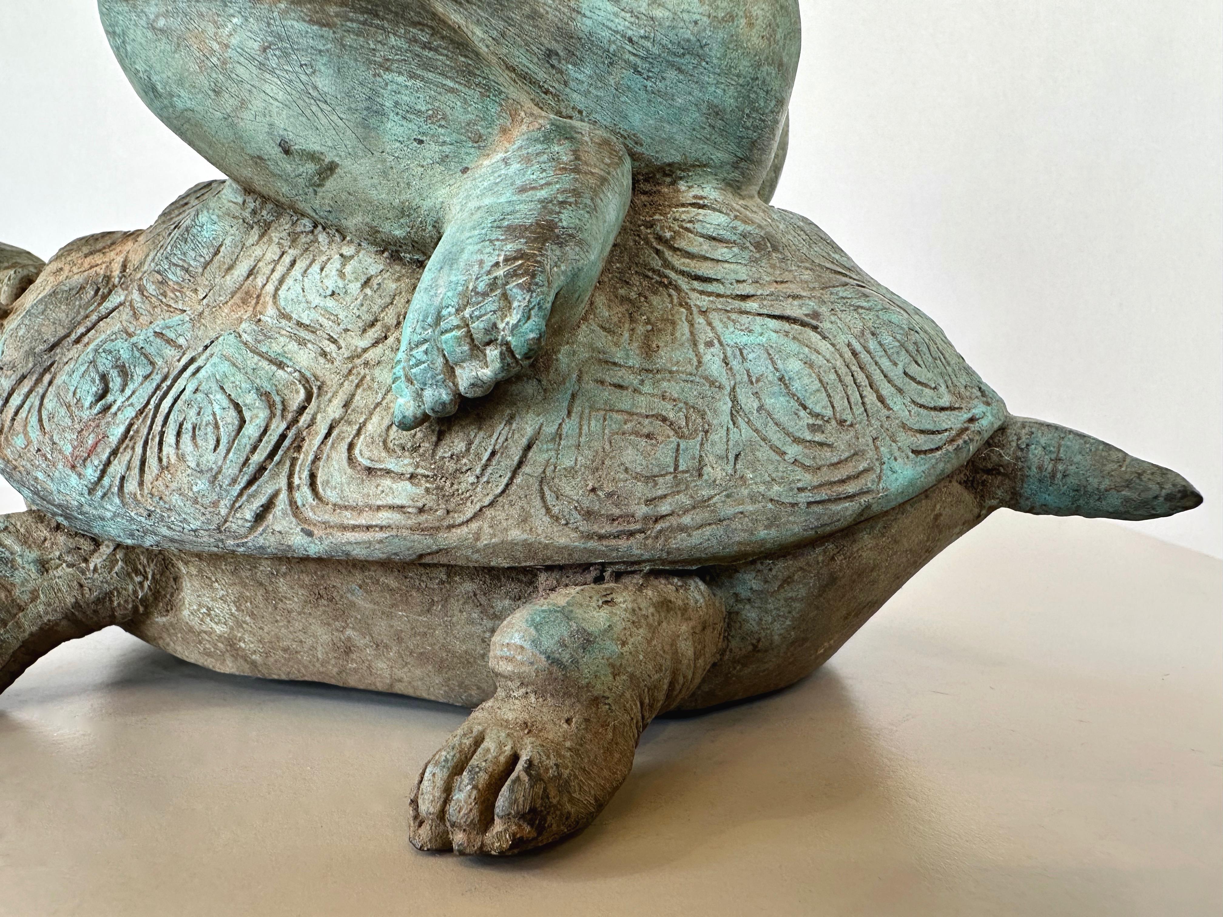 Young Boy Riding a Turtle, Patinated Bronze Fountain Head Sculpture, c. 1920 For Sale 8