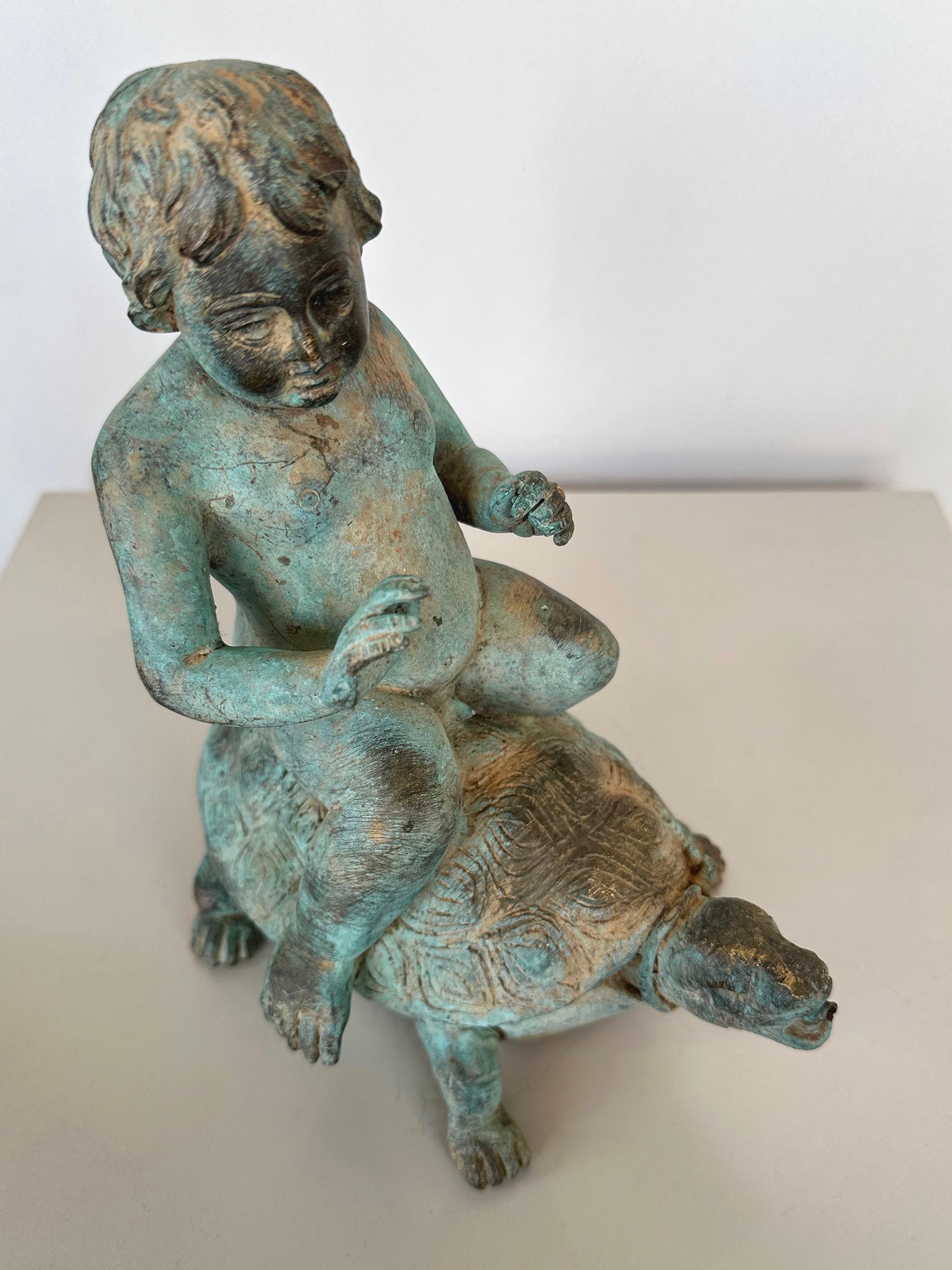 Young Boy Riding a Turtle, Patinated Bronze Fountain Head Sculpture, c. 1920 For Sale 11